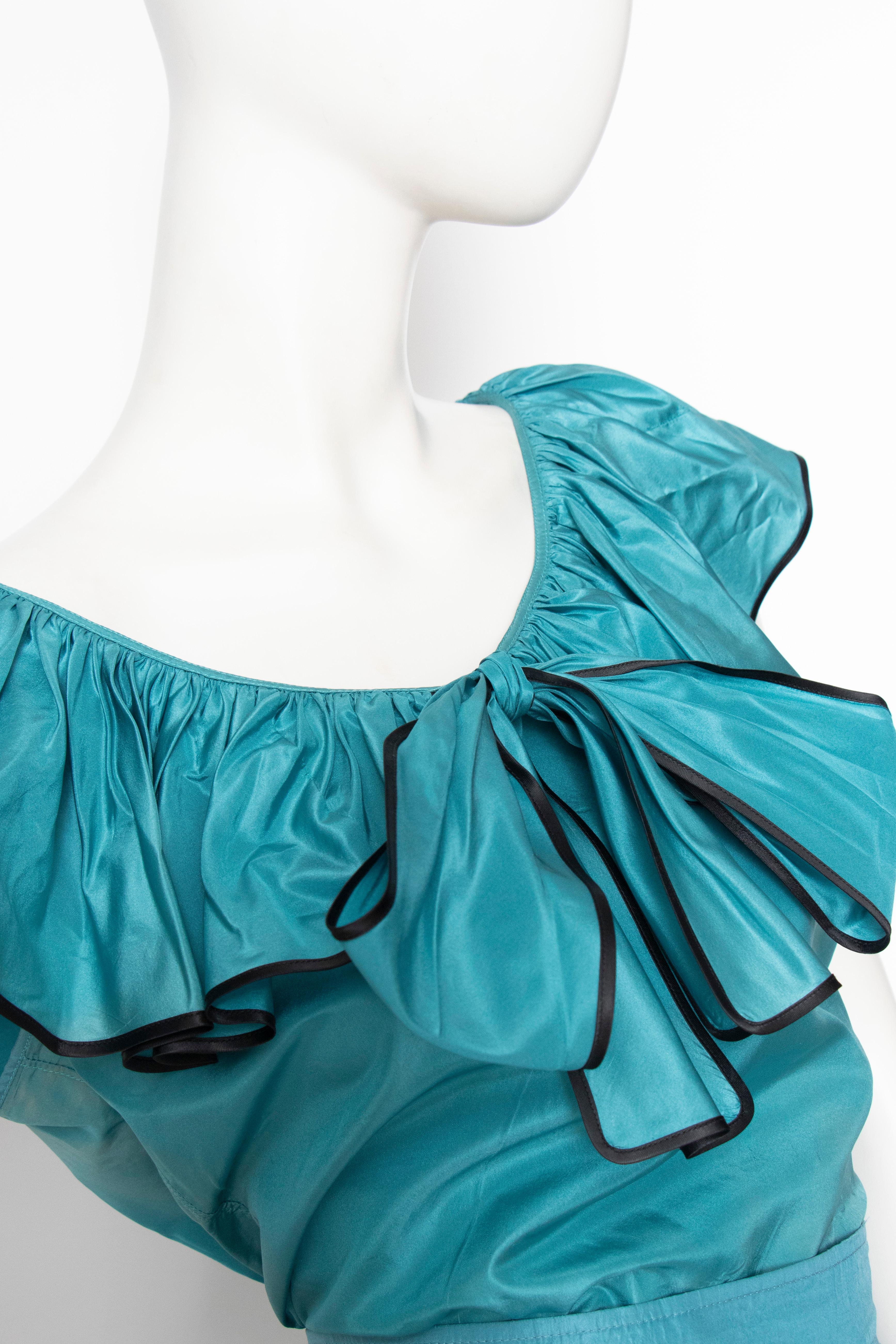 Women's or Men's A 1980s Vintage Yves Saint Laurent Rive Gauche Teal Blue Silk Taffeta Two-Piece For Sale