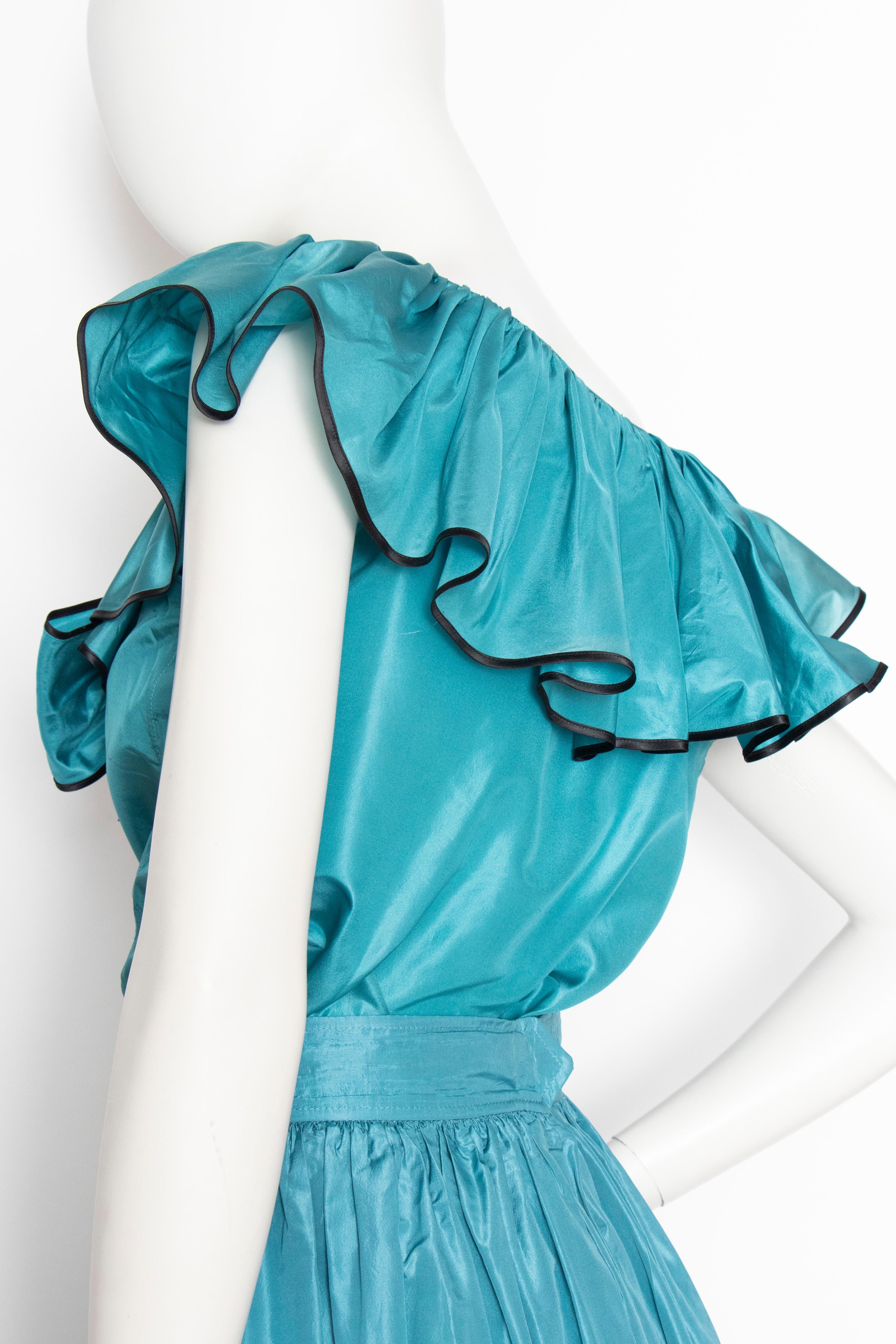 A 1980s Vintage Yves Saint Laurent Rive Gauche Teal Blue Silk Taffeta Two-Piece For Sale 2