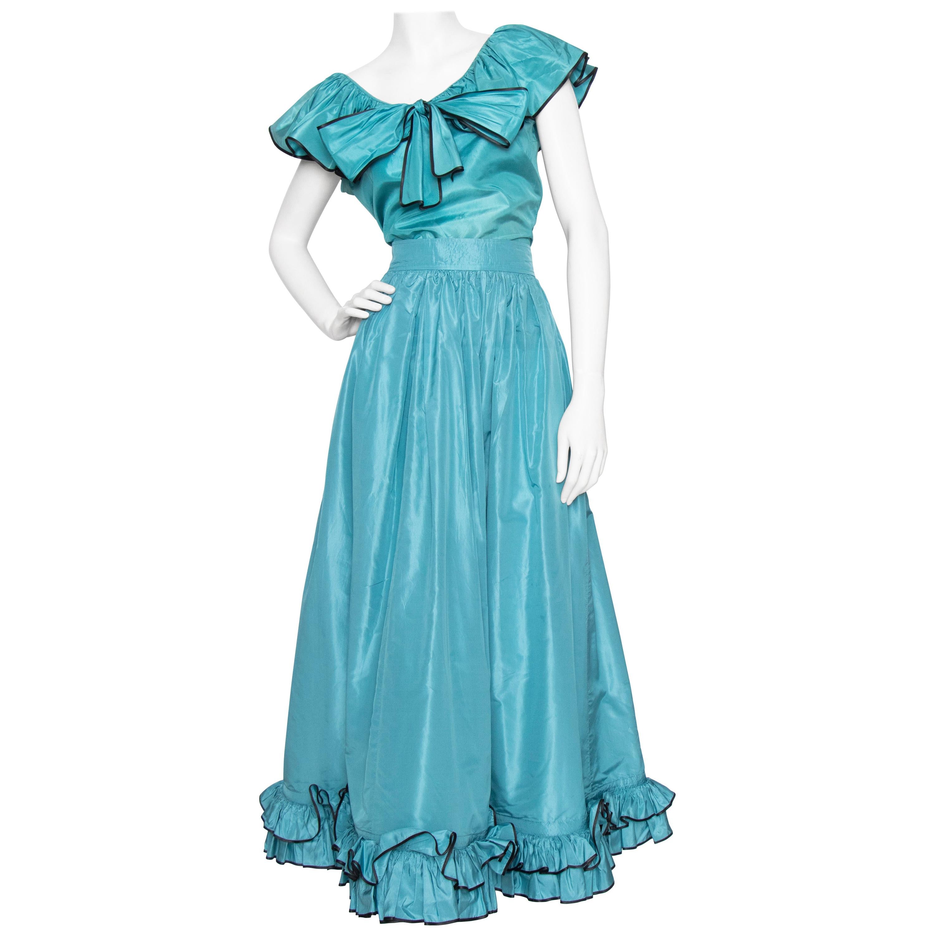 A 1980s Vintage Yves Saint Laurent Rive Gauche Teal Blue Silk Taffeta Two-Piece For Sale