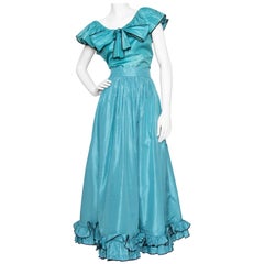 Vintage Philip Hulitar daisy embroidered blue slub silk strapless gown ...