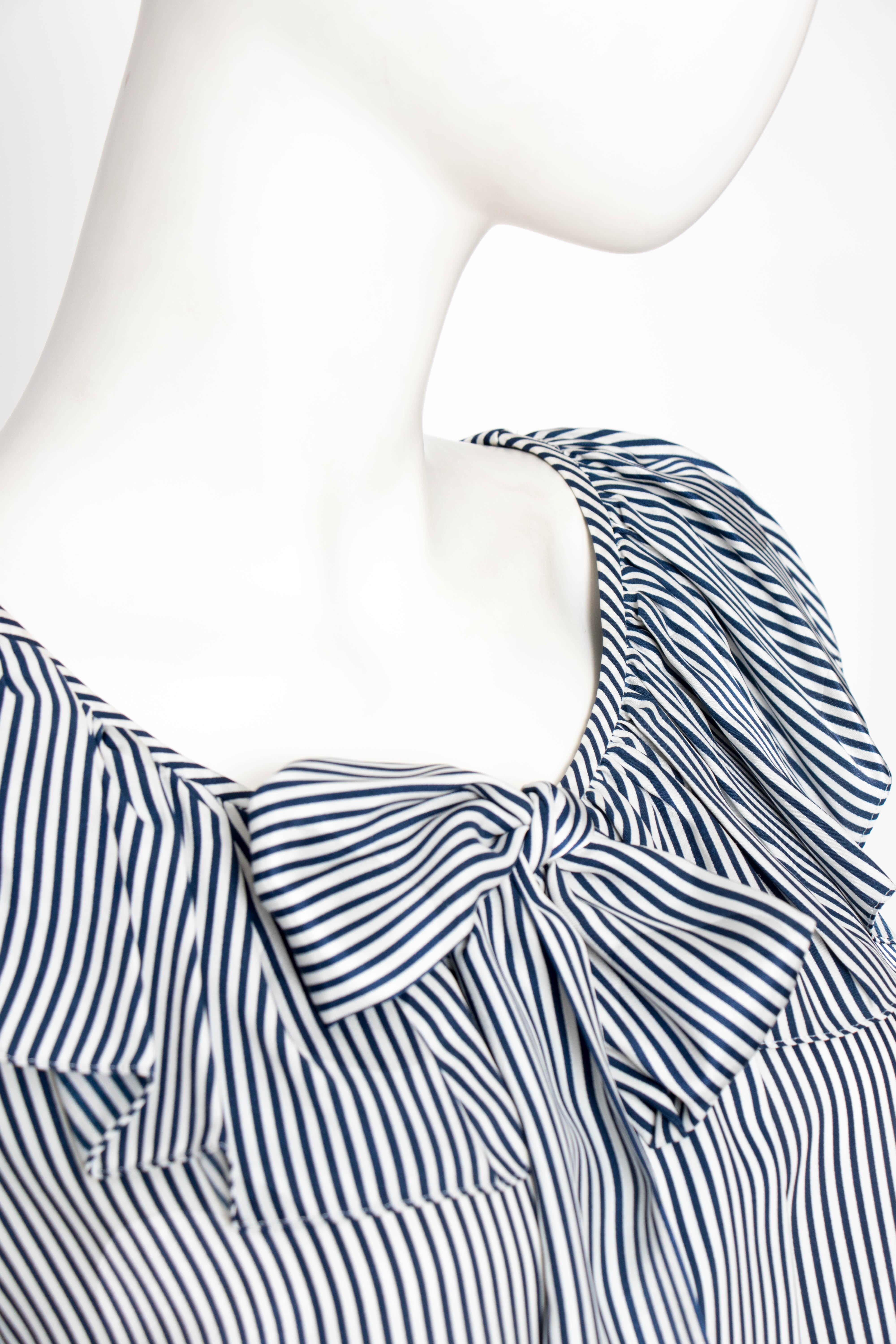 Gray A 1980s Yves Saint Laurent Blue And White Stripe Silk Ruffle Blouse