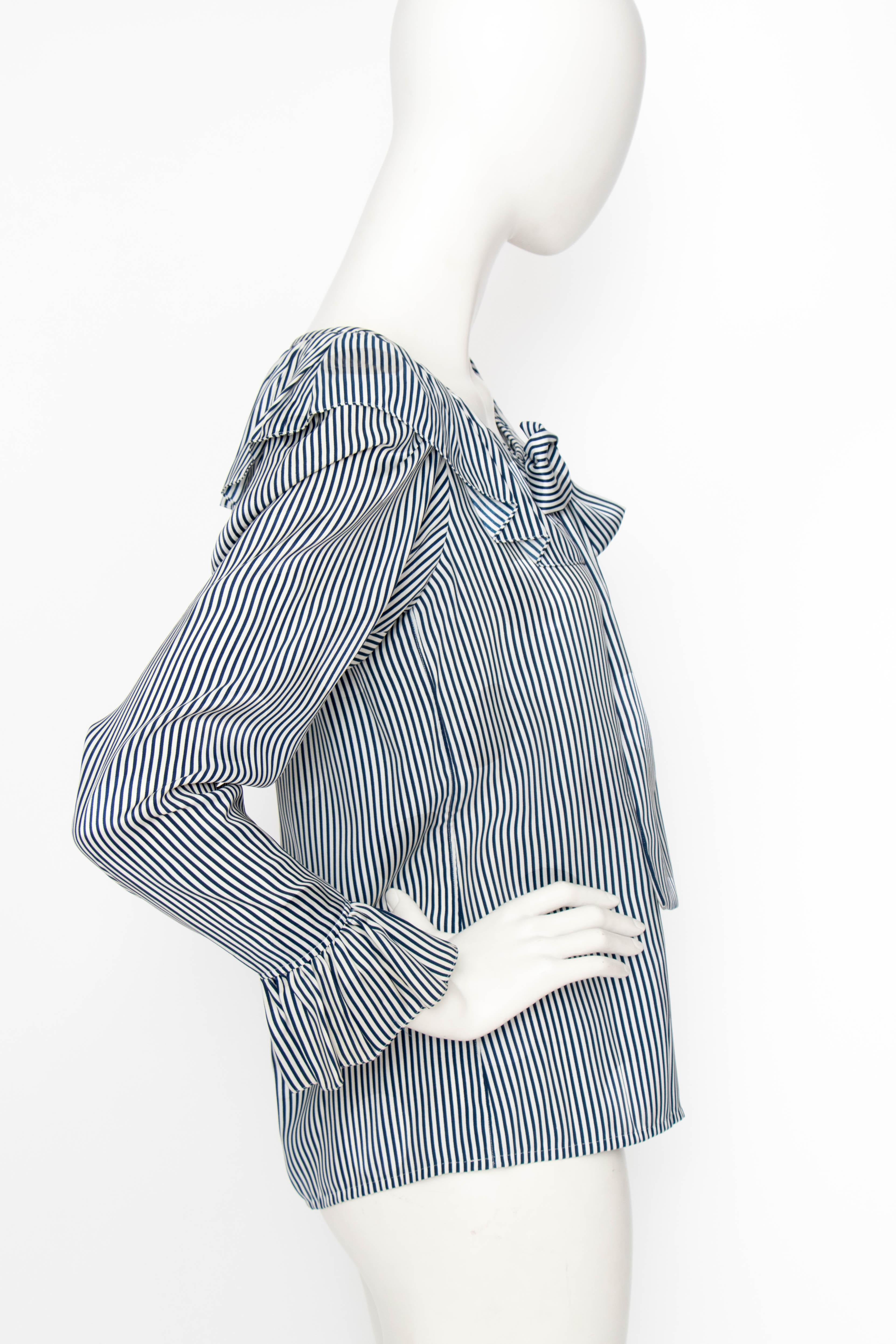 Women's or Men's A 1980s Yves Saint Laurent Blue And White Stripe Silk Ruffle Blouse