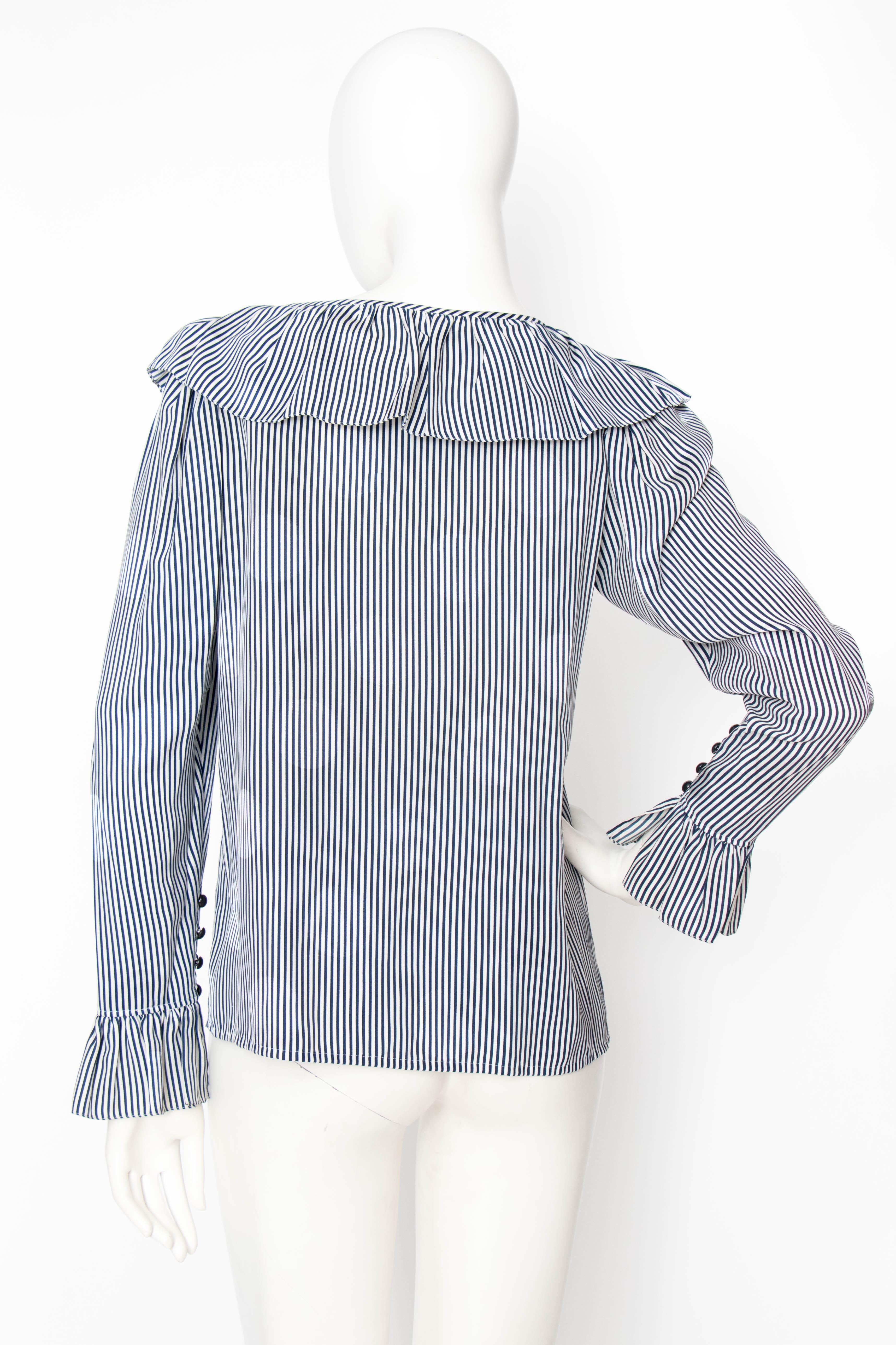 A 1980s Yves Saint Laurent Blue And White Stripe Silk Ruffle Blouse 1