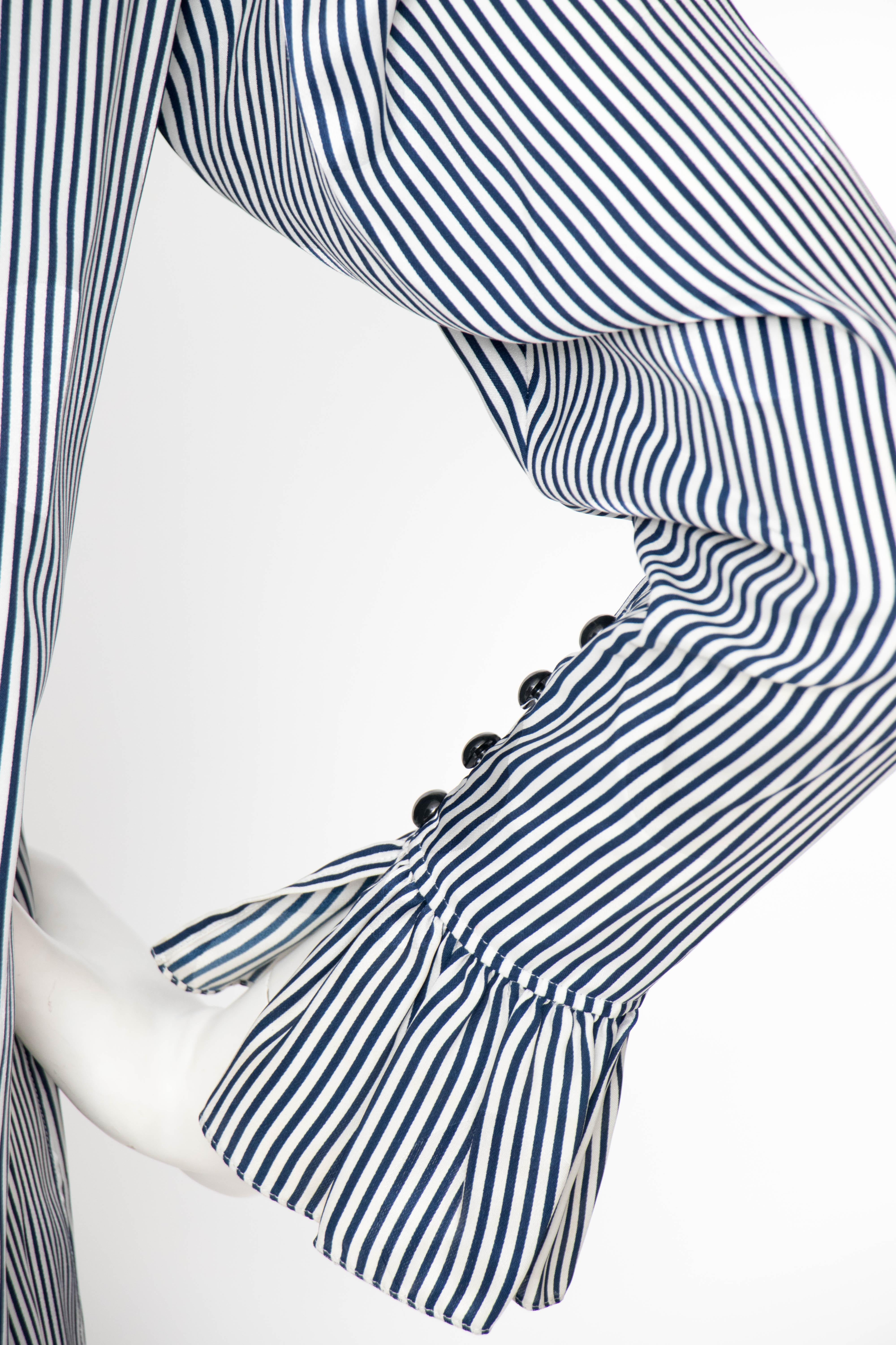 A 1980s Yves Saint Laurent Blue And White Stripe Silk Ruffle Blouse 2