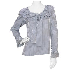 A 1980s Yves Saint Laurent Blue And White Stripe Silk Ruffle Blouse