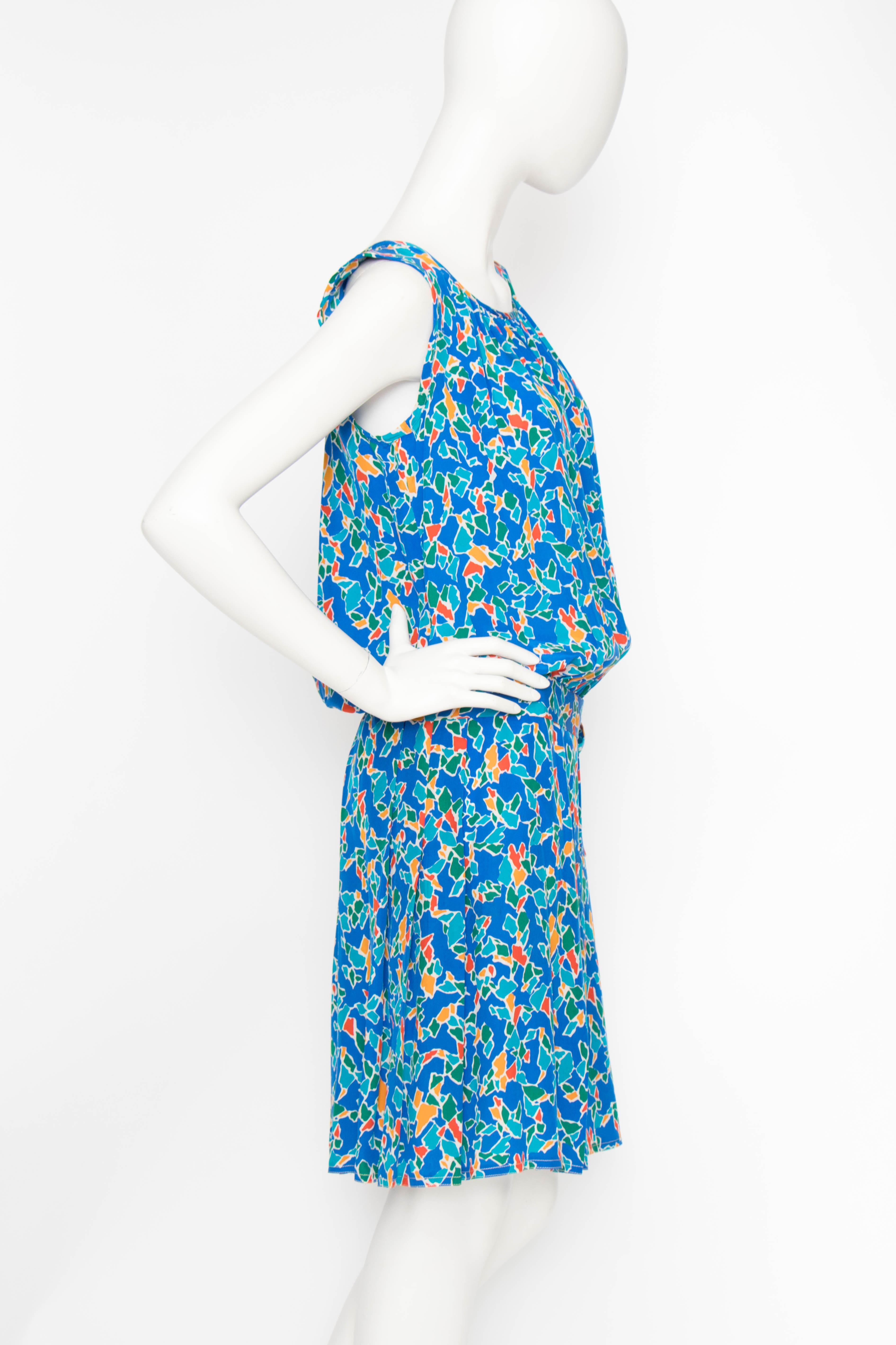 Blue A 1980s Yves Saint Laurent Rive Gauche Graphic Sleeveless Silk Drop-waist Dress 