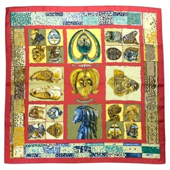 A 1982 Full Set Hermes Carrè Silk Scarf Masques et Casques by Julia Albadie