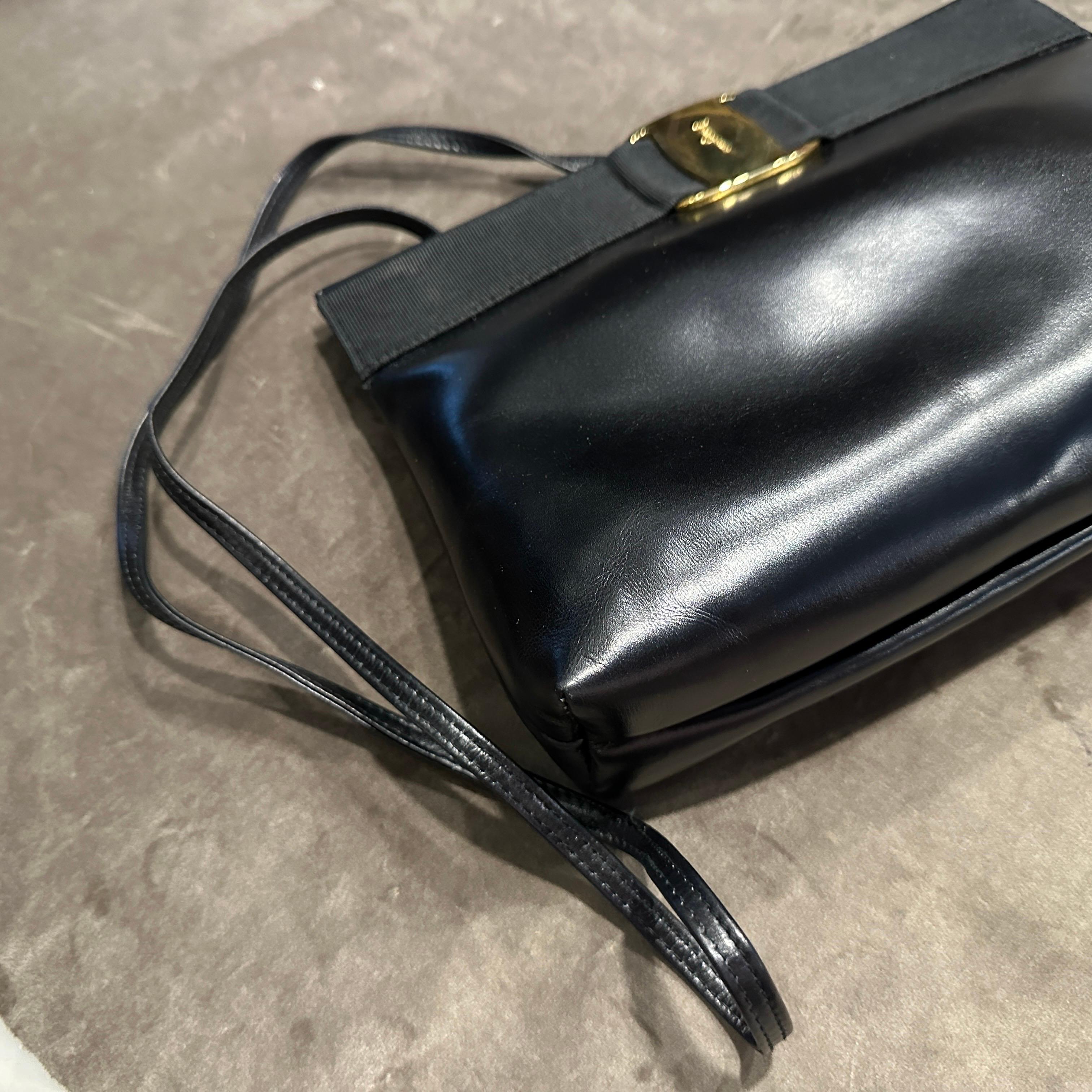 A 1990s Black Leather and Brass Shoulder Bag by Salvatore Ferragamo For Sale 3