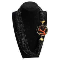A 1990s Black Onyx and Mediterranean Coral Italian Multi-Strand Necklace