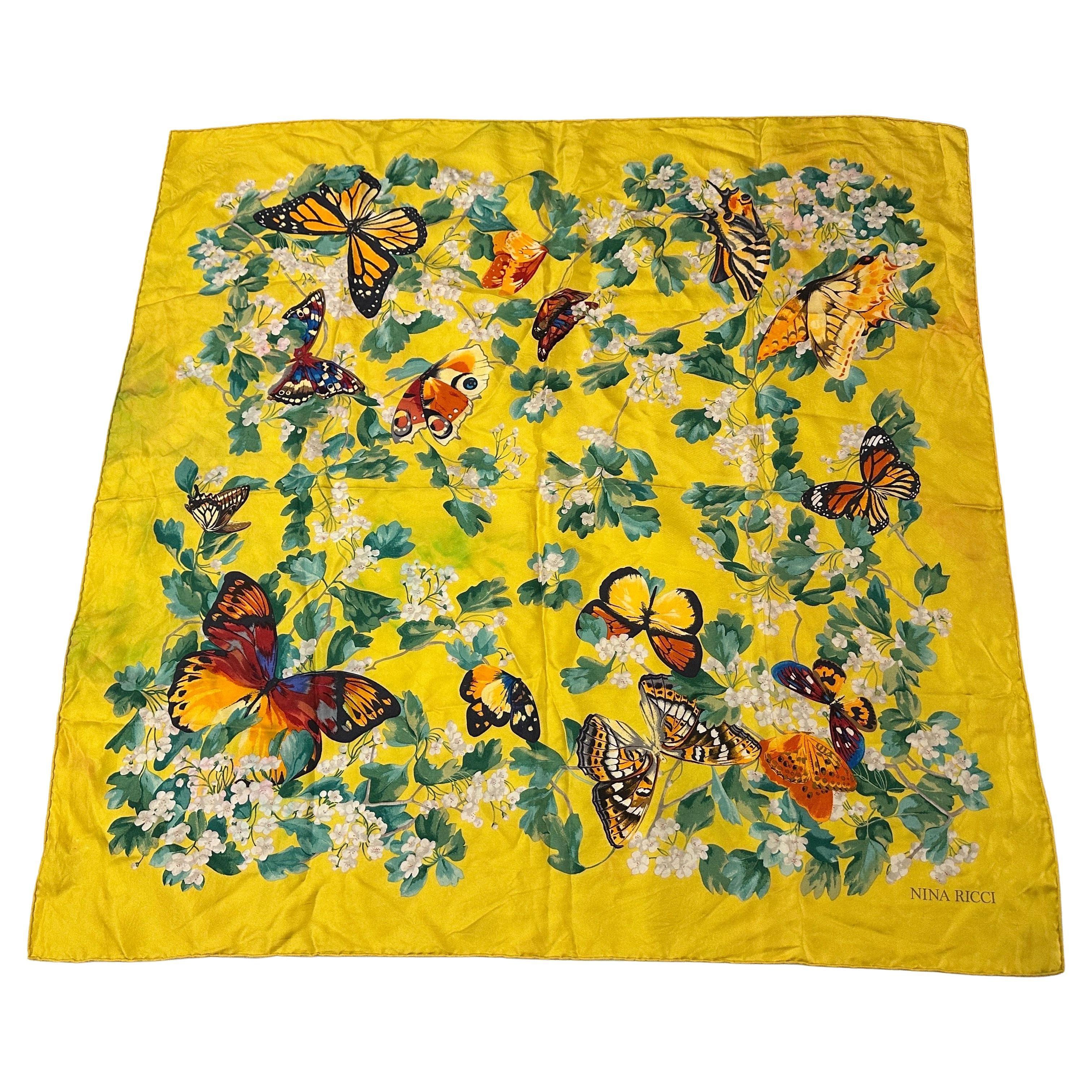 A 1990s Butterflies and Flowers Silk Scarf by Nina Ricci For Sale