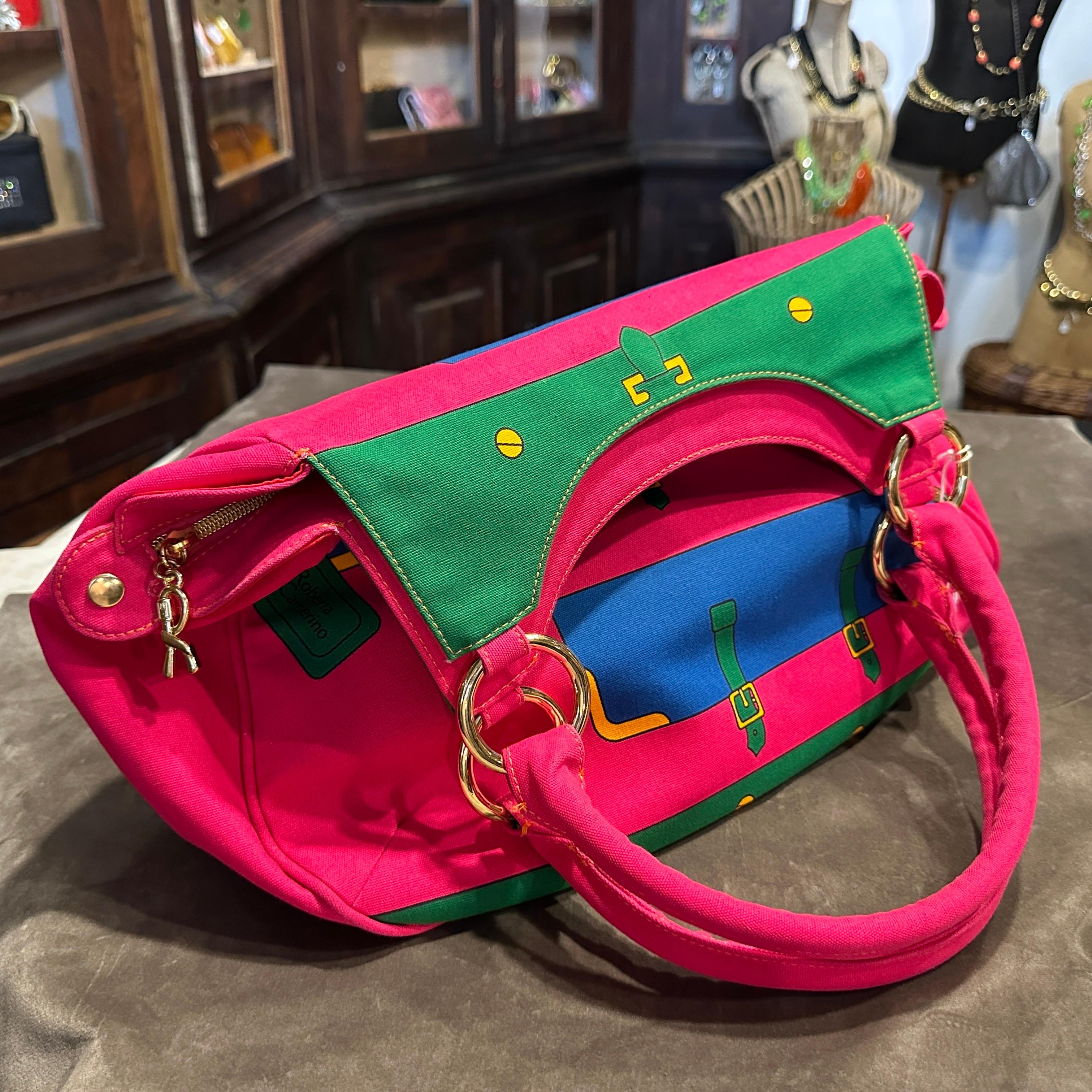 A 1990s Vibrant Pink and Green Fabric Top Handle Bag By Roberta di Camerino For Sale 5