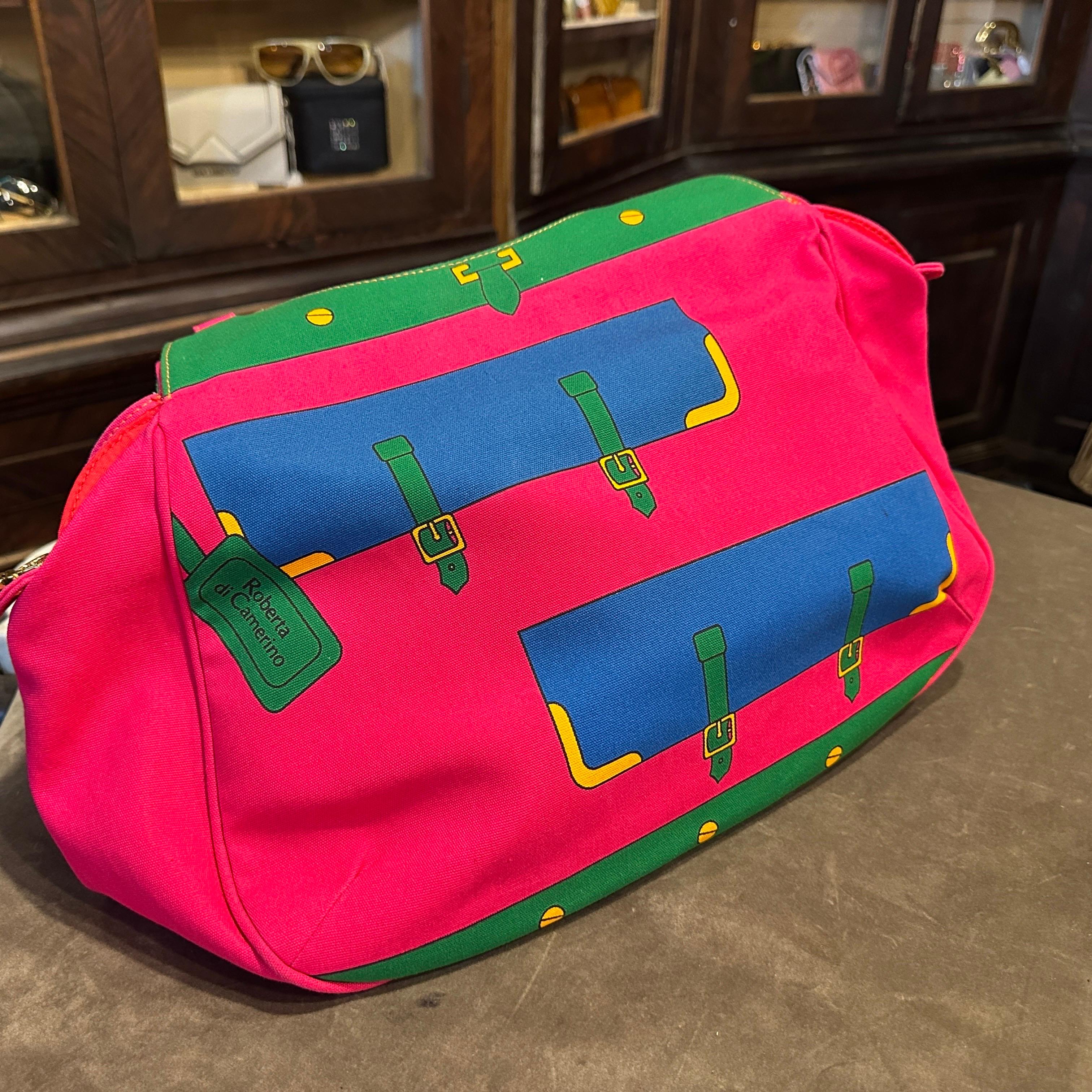 Red A 1990s Vibrant Pink and Green Fabric Top Handle Bag By Roberta di Camerino For Sale
