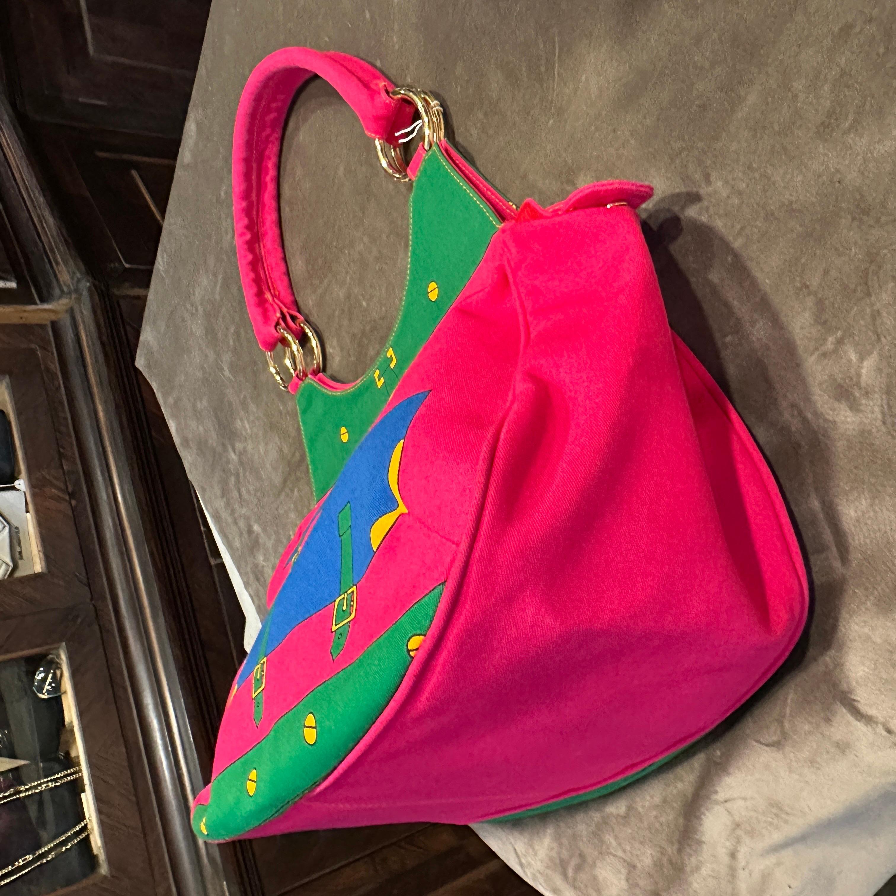 Women's or Men's A 1990s Vibrant Pink and Green Fabric Top Handle Bag By Roberta di Camerino For Sale