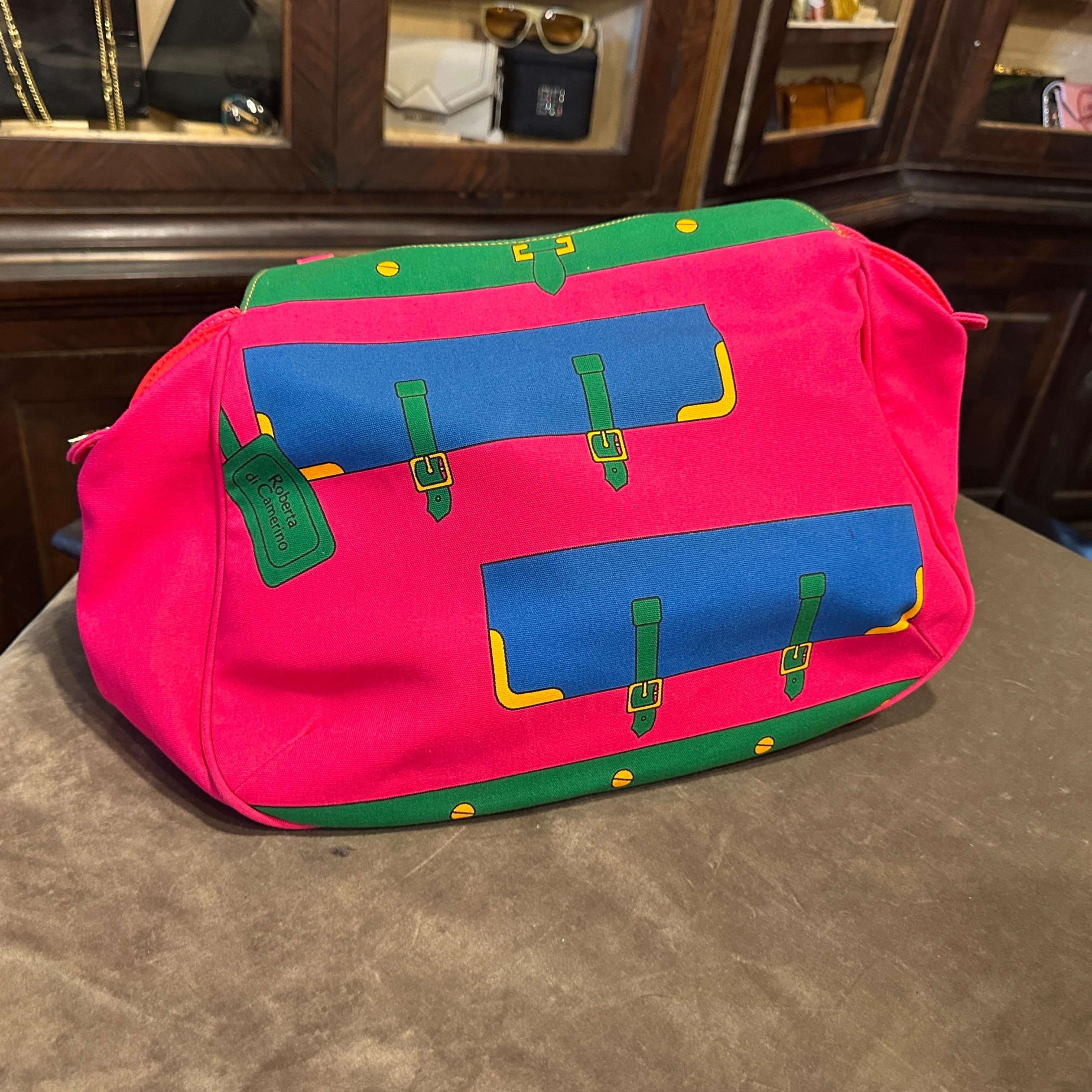 A 1990s Vibrant Pink and Green Fabric Top Handle Bag By Roberta di Camerino For Sale 4