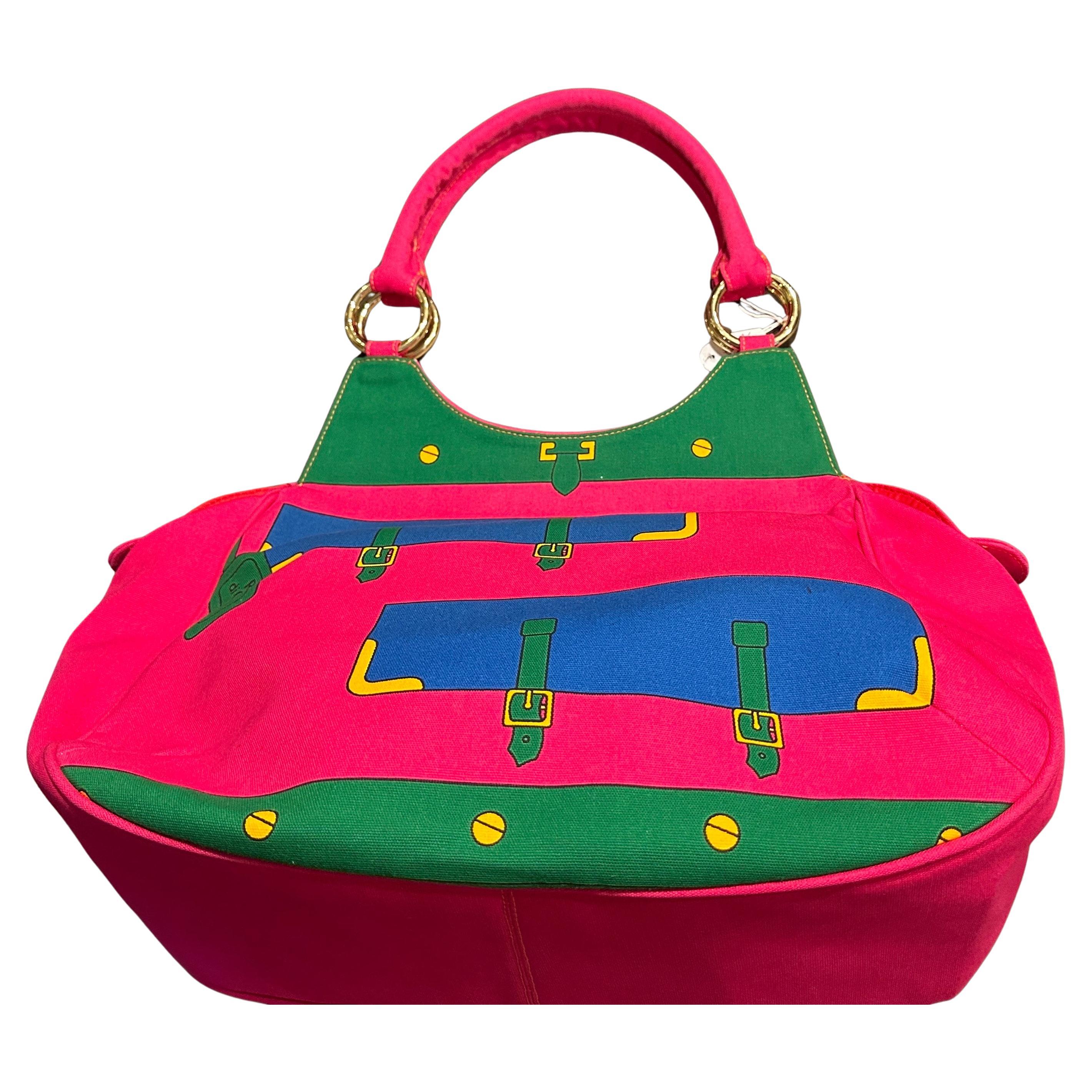 A 1990s Vibrant Pink and Green Fabric Top Handle Bag By Roberta di Camerino For Sale