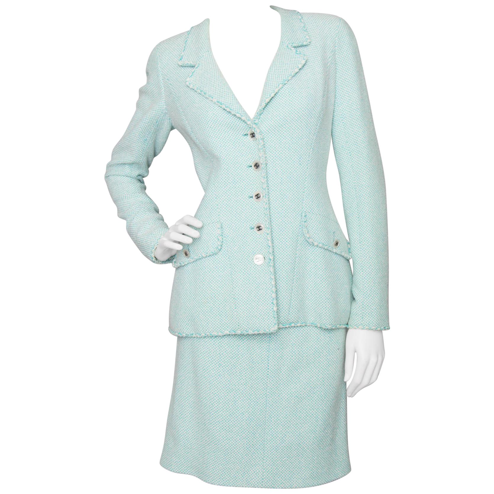 A 1990s Vintage Chanel Green and White Skirt Suit 