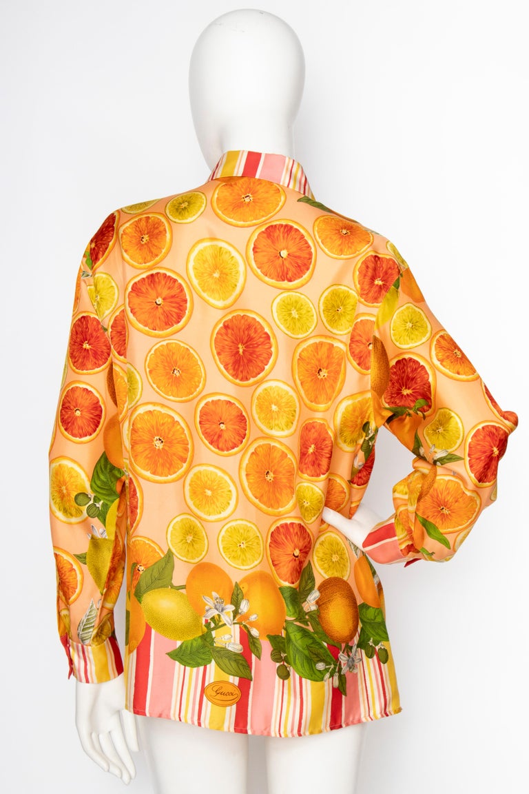 A 1990s Vintage Gucci Fruit Print Silk Twill Blouse at 1stDibs