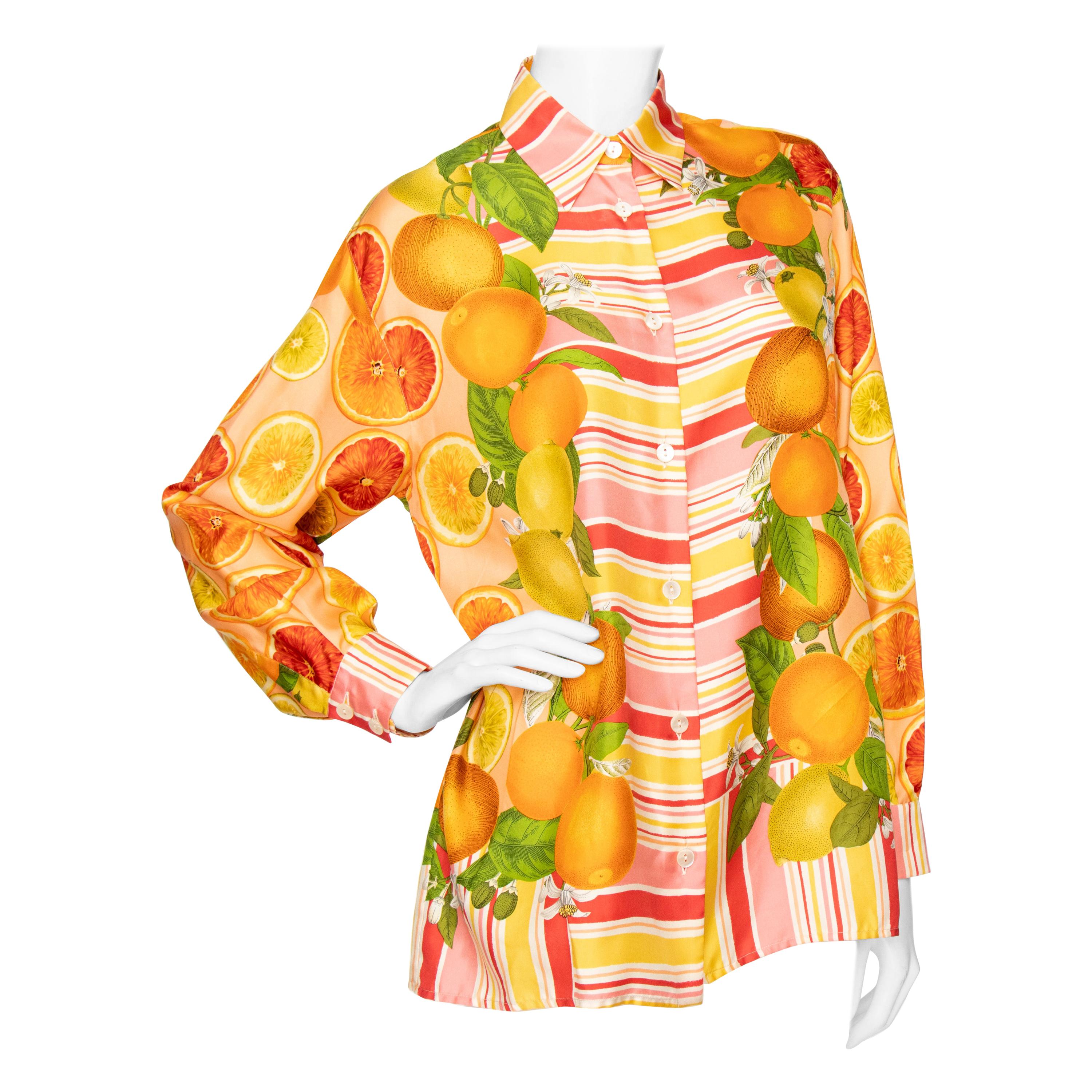 A 1990s Vintage Gucci Fruit Print Silk Twill Blouse 