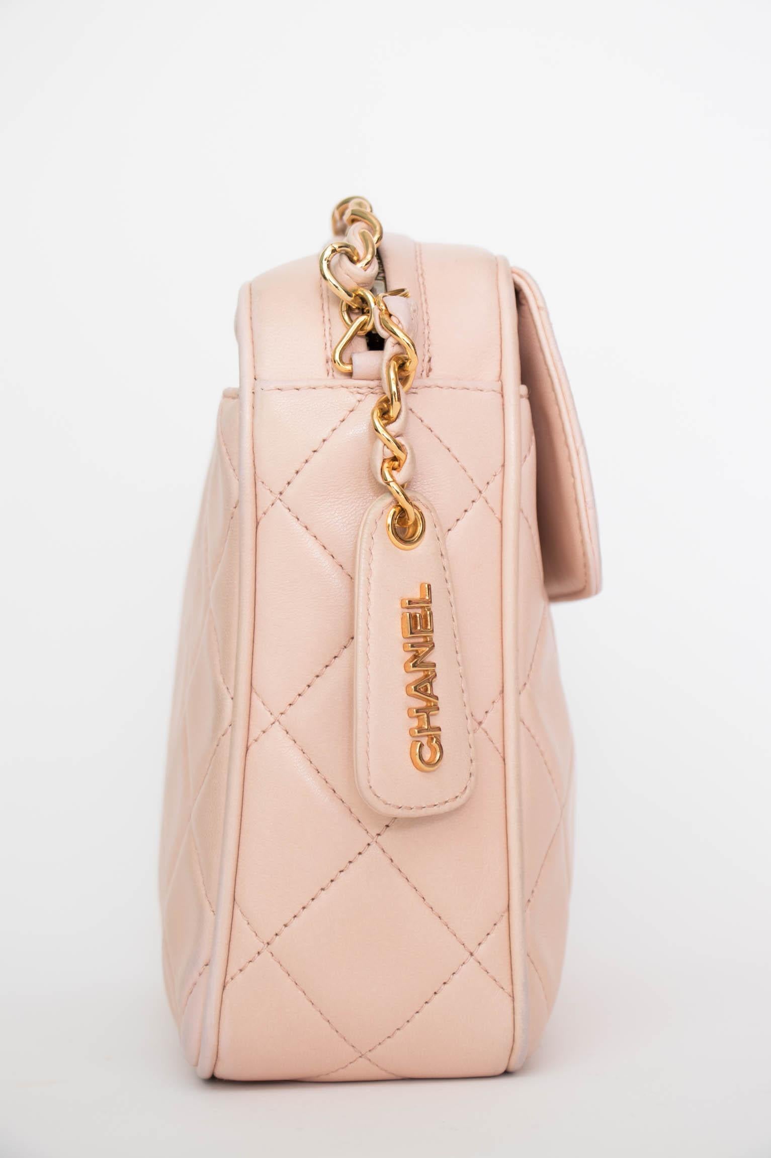 Beige A 1990s Vintage Pink Crossbody Quilted Lambskin Bag With Gold Hardware