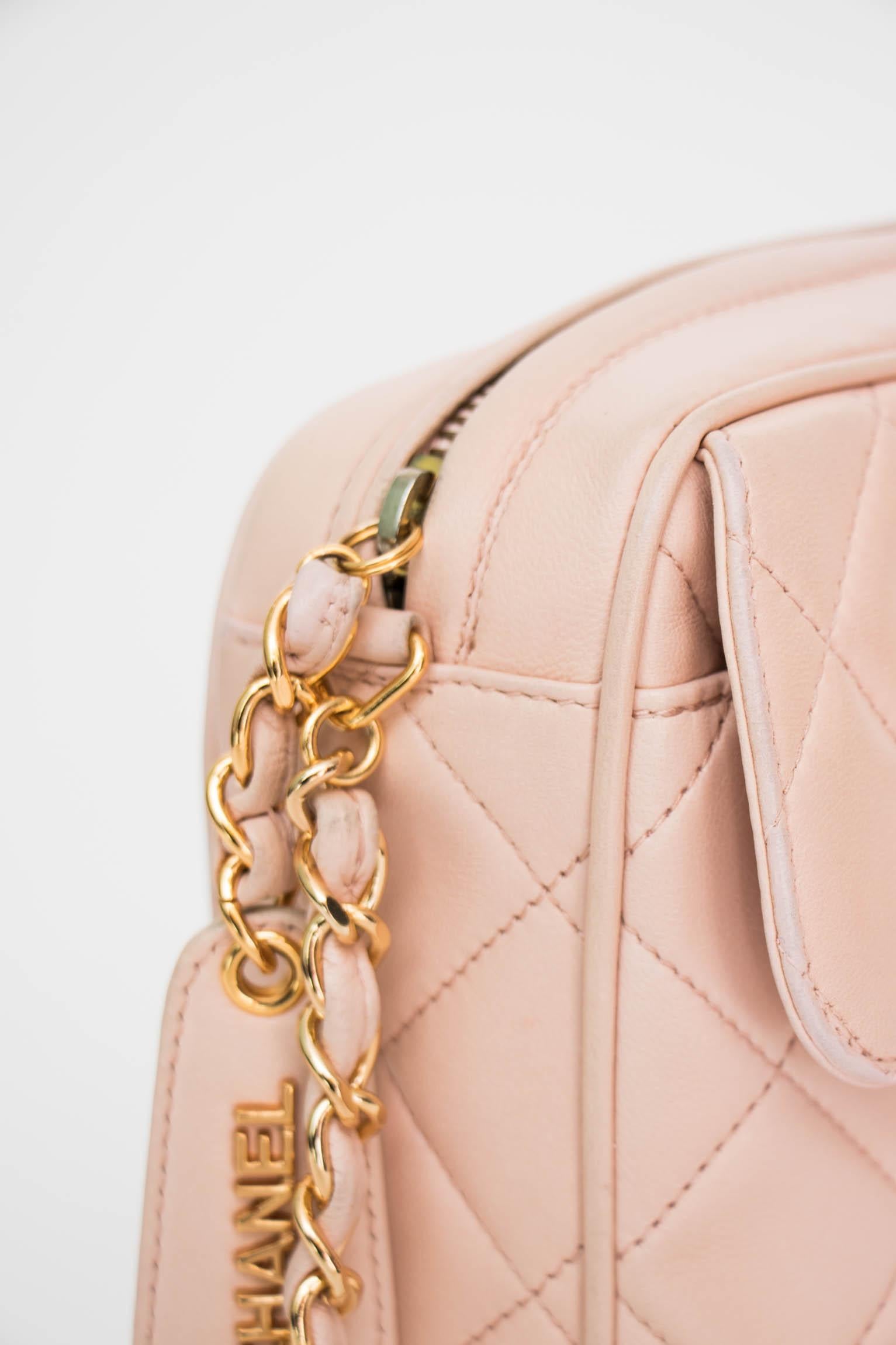 A 1990s Vintage Pink Crossbody Quilted Lambskin Bag With Gold Hardware 2