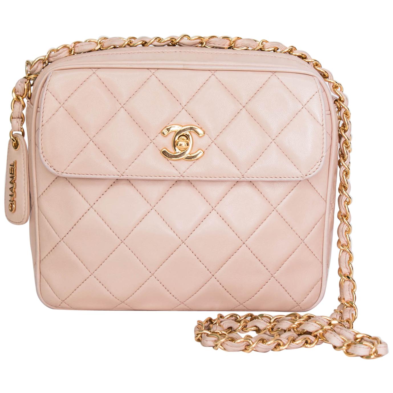 A 1990s Vintage Pink Crossbody Quilted Lambskin Bag With Gold Hardware