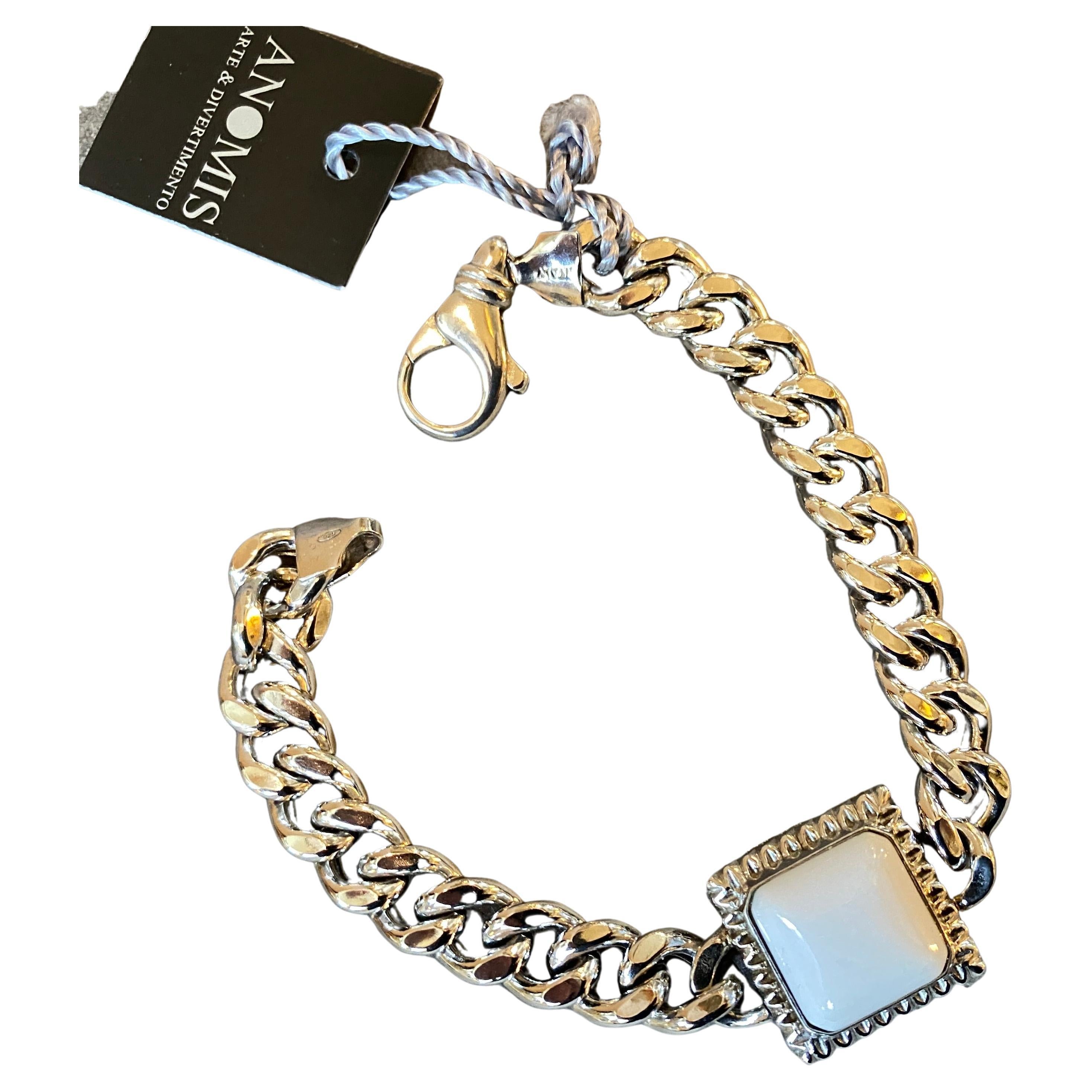 Pulsera de cadena italiana con cabujón de ágata blanca y plata de ley vintage de los años 90