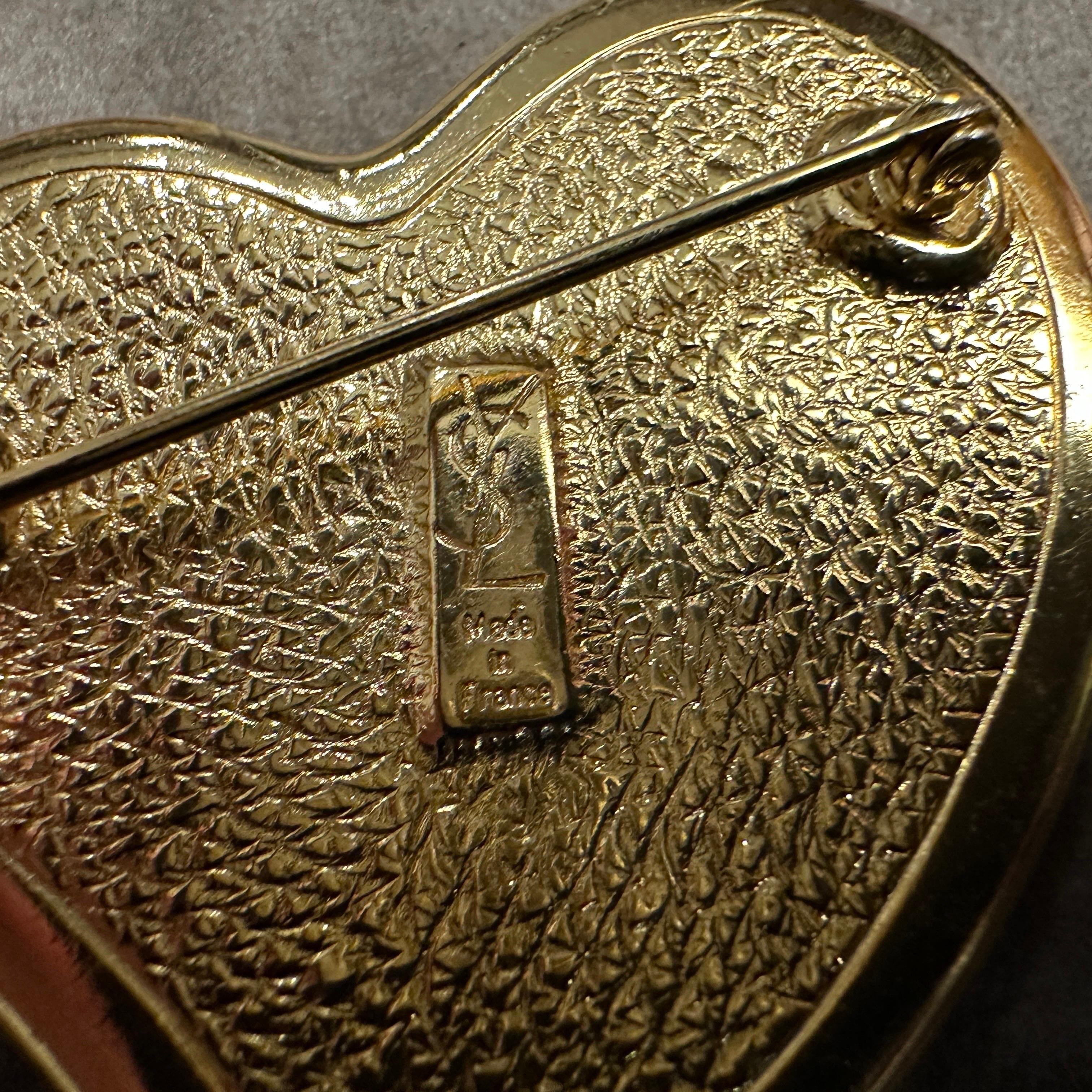 A 1990s Yves Saint Laurent Wood and Brass Heart Brooch 1