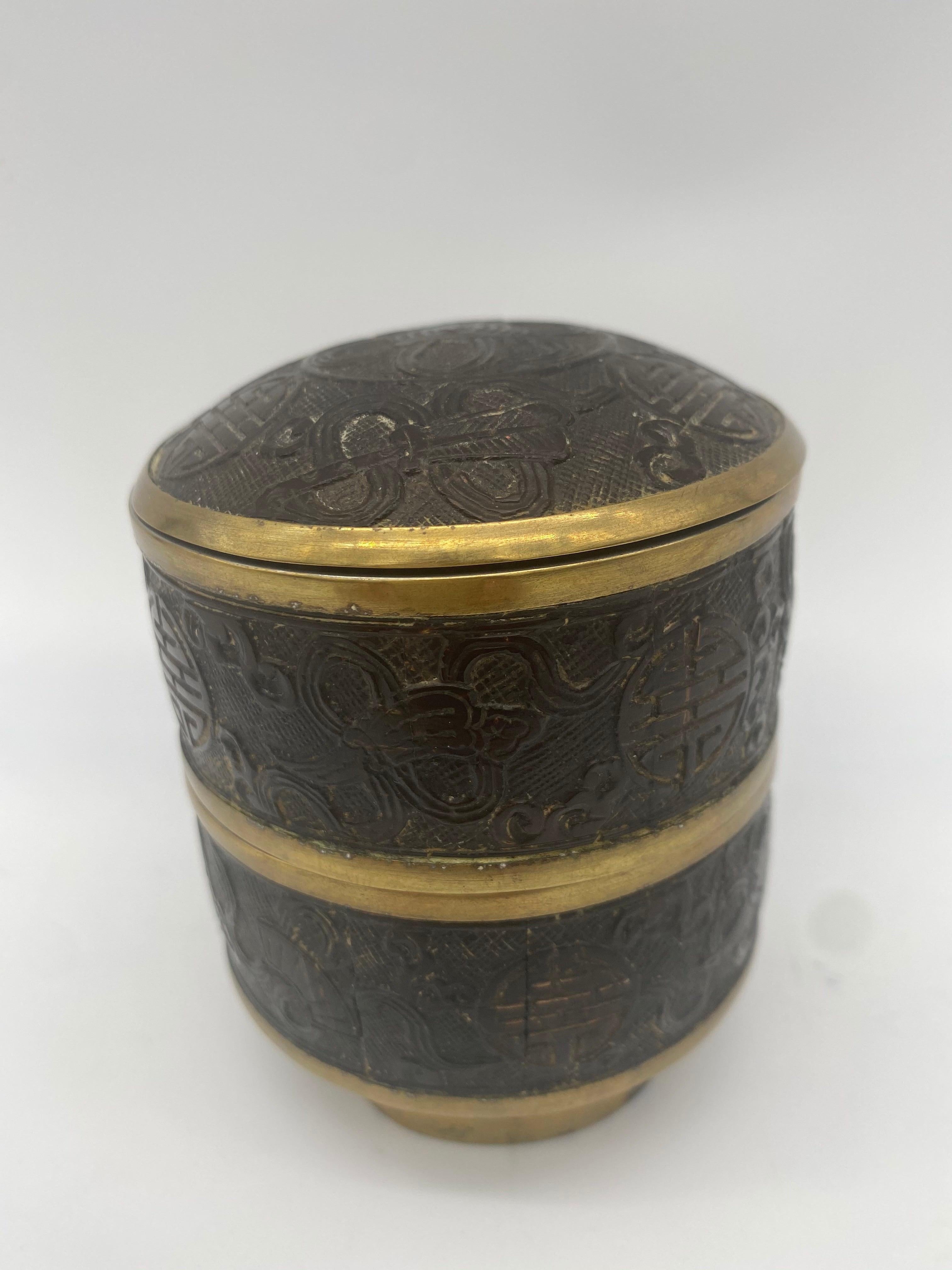 Antique 19th century Chinese tin coconut stacking box with mark: LiuYiJi, diameter 8 cm, high 10.5 cm.