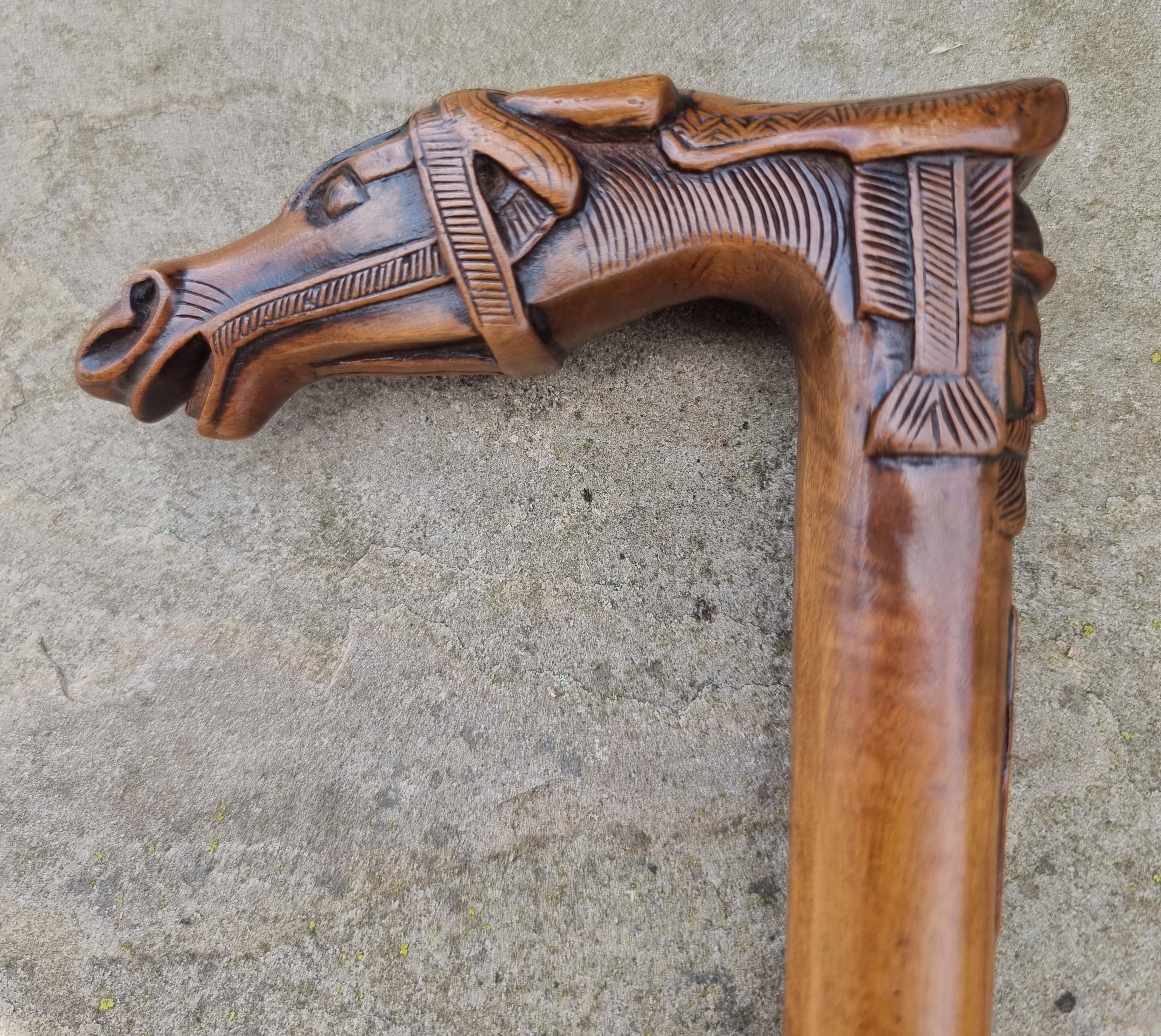 Grand Tour A 19th C antique walking stick with an equestrian racehorse carved handle C 1870