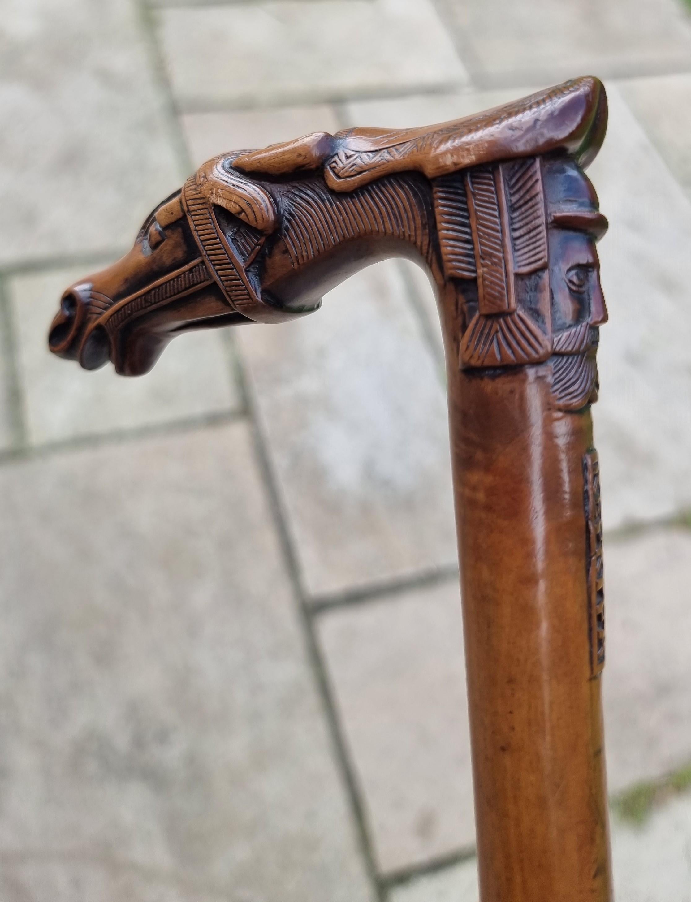 Greek A 19th C antique walking stick with an equestrian racehorse carved handle C 1870