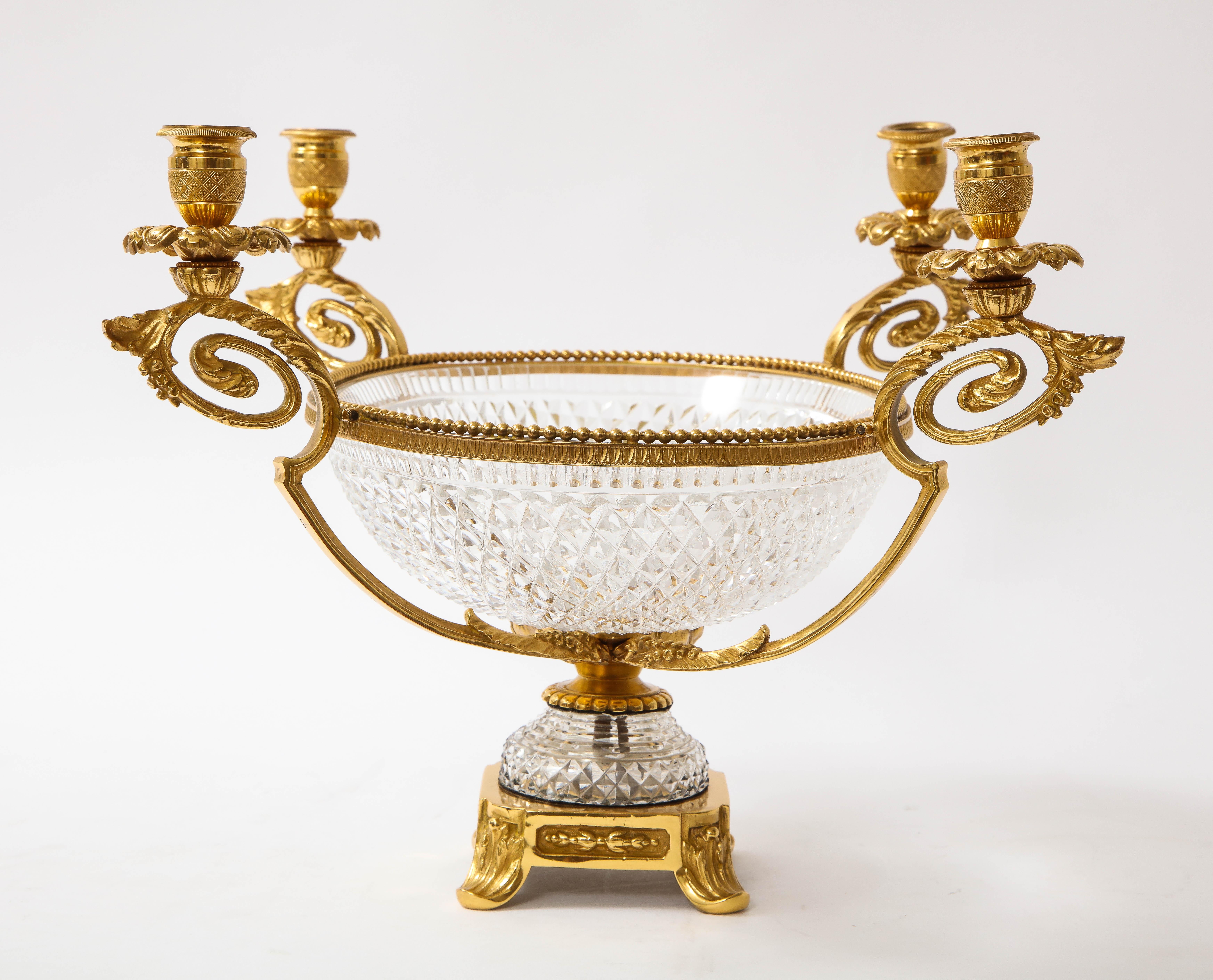 Louis XVI Baccarat Crystal Prismic Pattern Centerpiece and 4-Light Candelabra Set For Sale