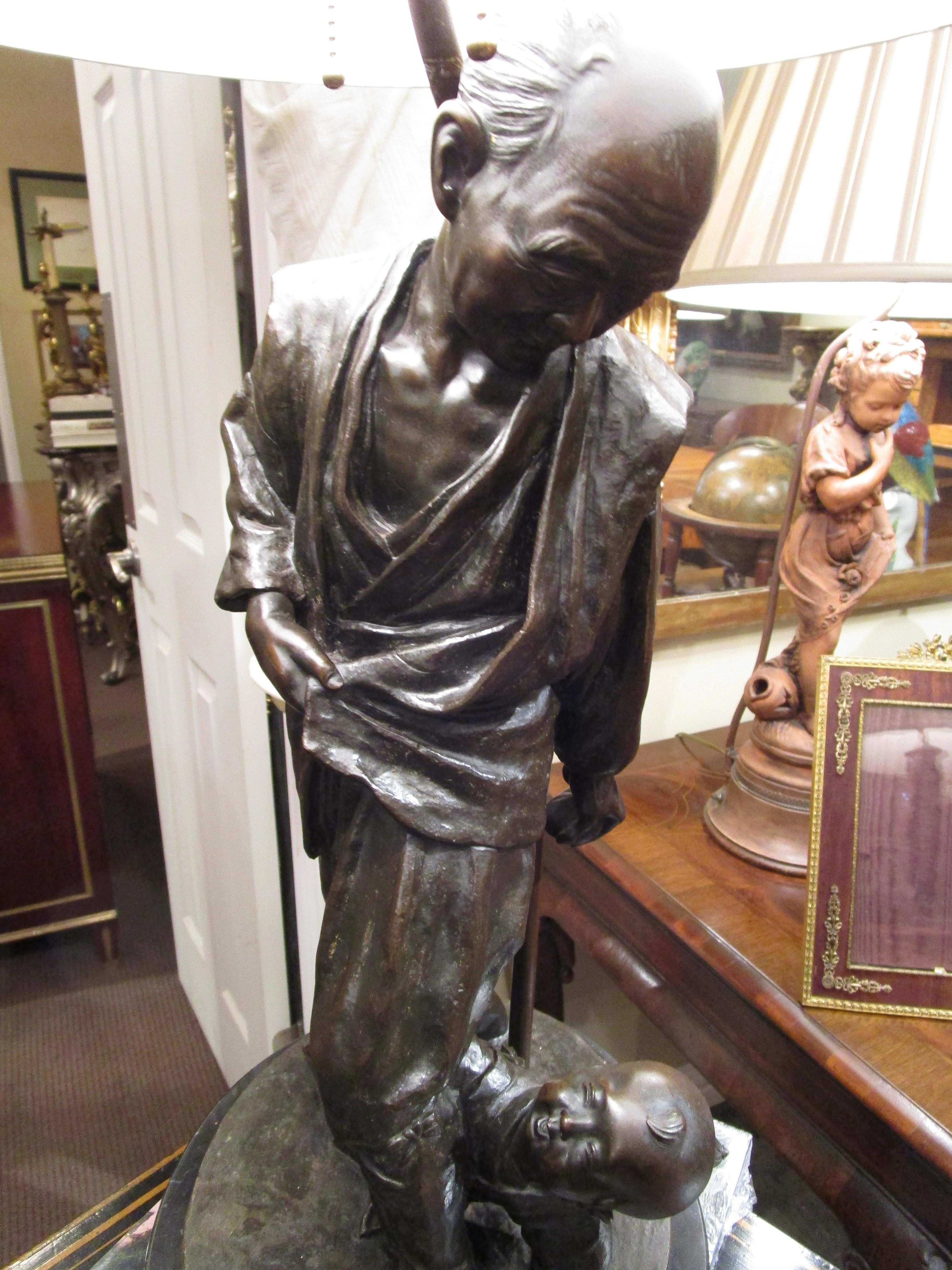 Anglo-Japanese 19th C Bronze of a Japanese Man with His Son Made into a Lamp, Marble Base