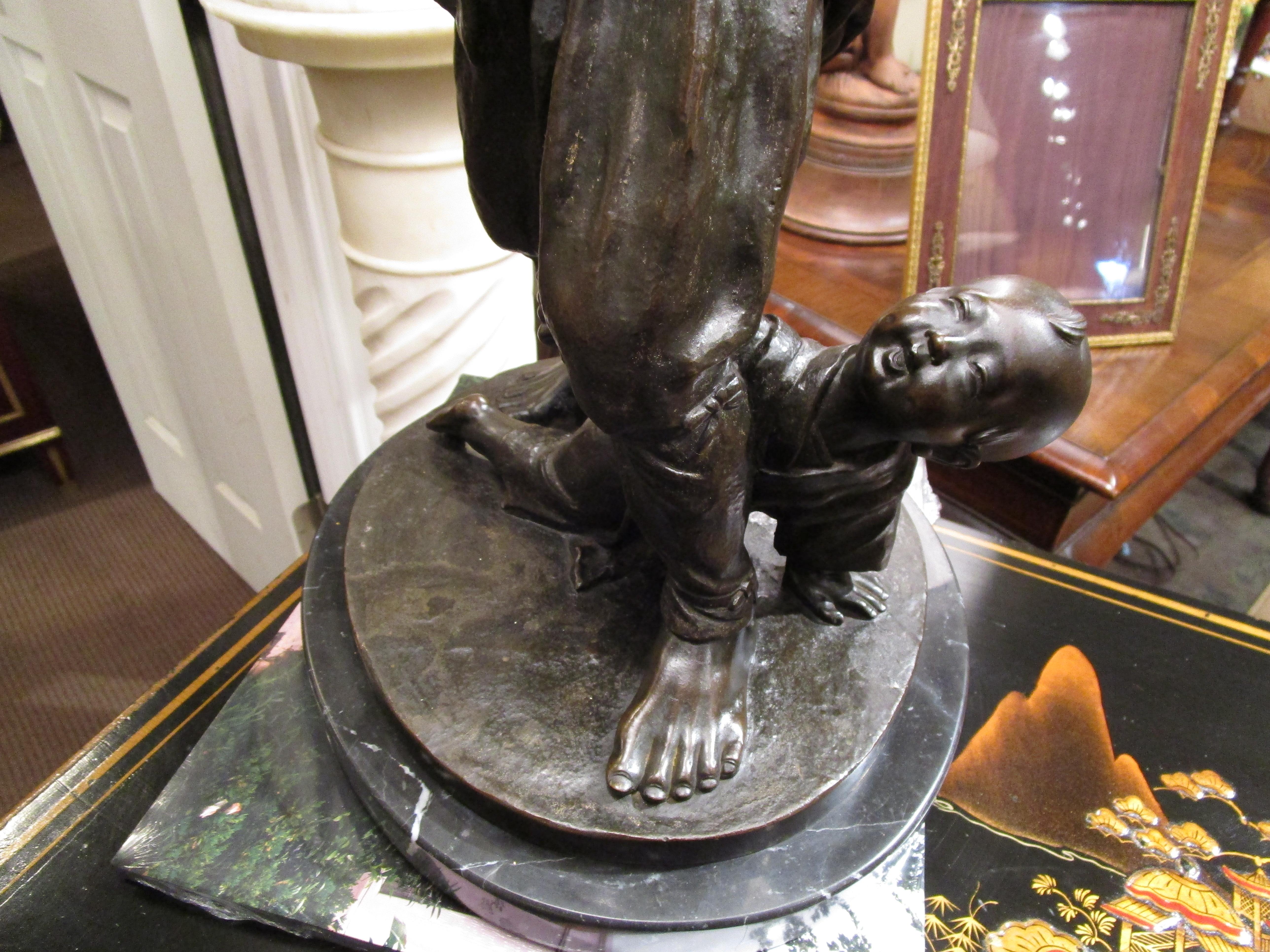 Patinated 19th C Bronze of a Japanese Man with His Son Made into a Lamp, Marble Base