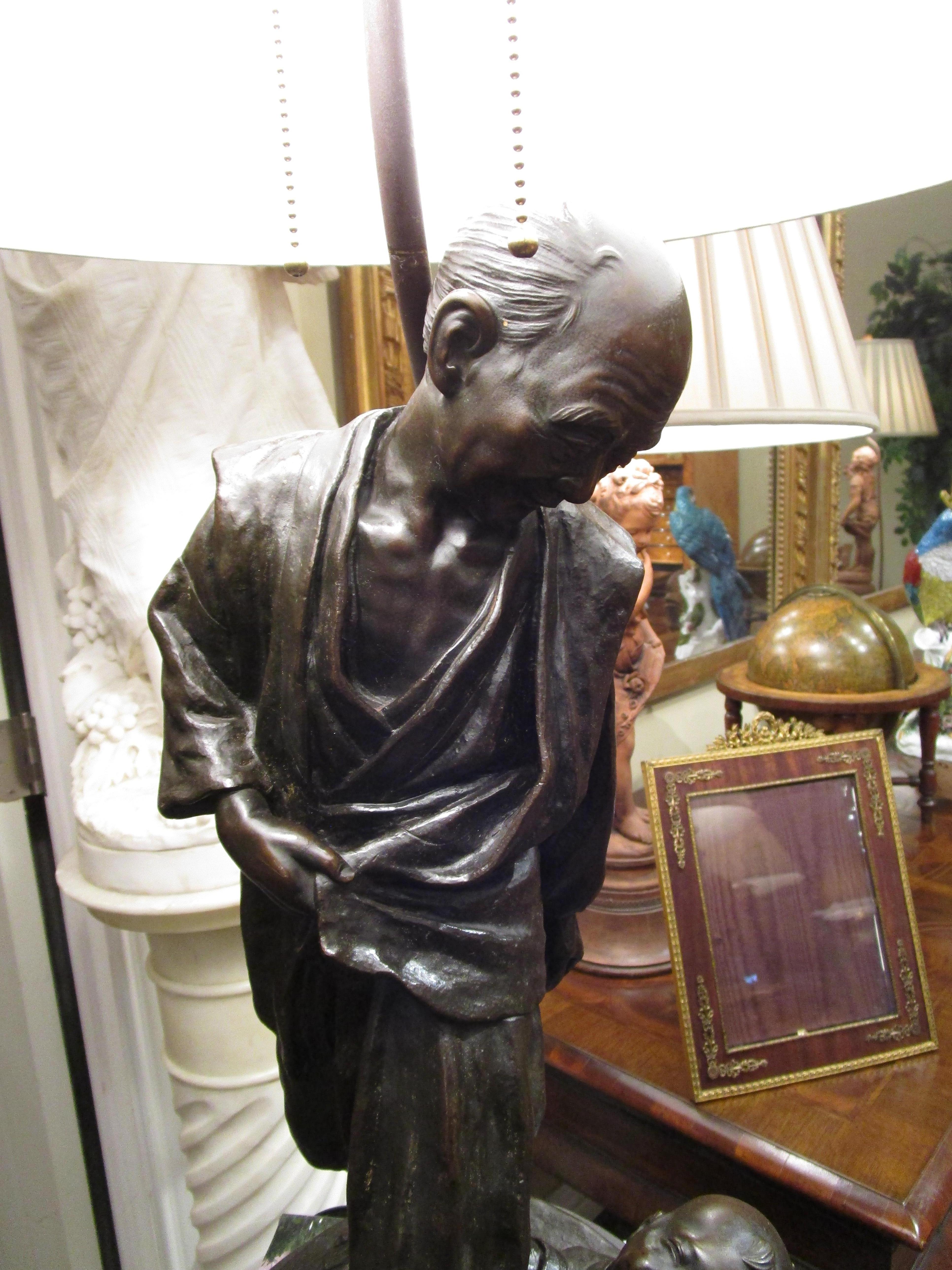 19th C Bronze of a Japanese Man with His Son Made into a Lamp, Marble Base In Good Condition In Dallas, TX