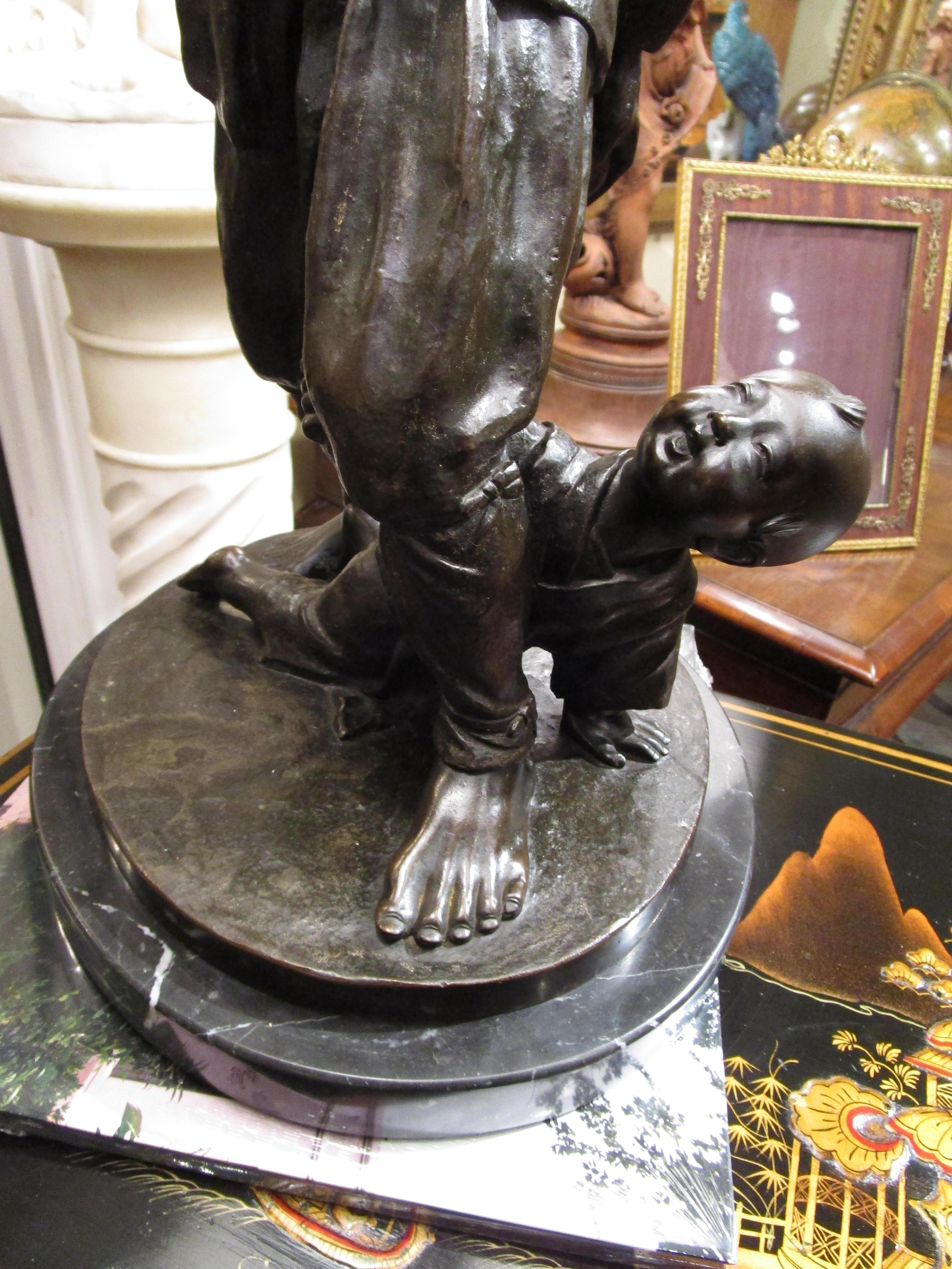 19th Century 19th C Bronze of a Japanese Man with His Son Made into a Lamp, Marble Base