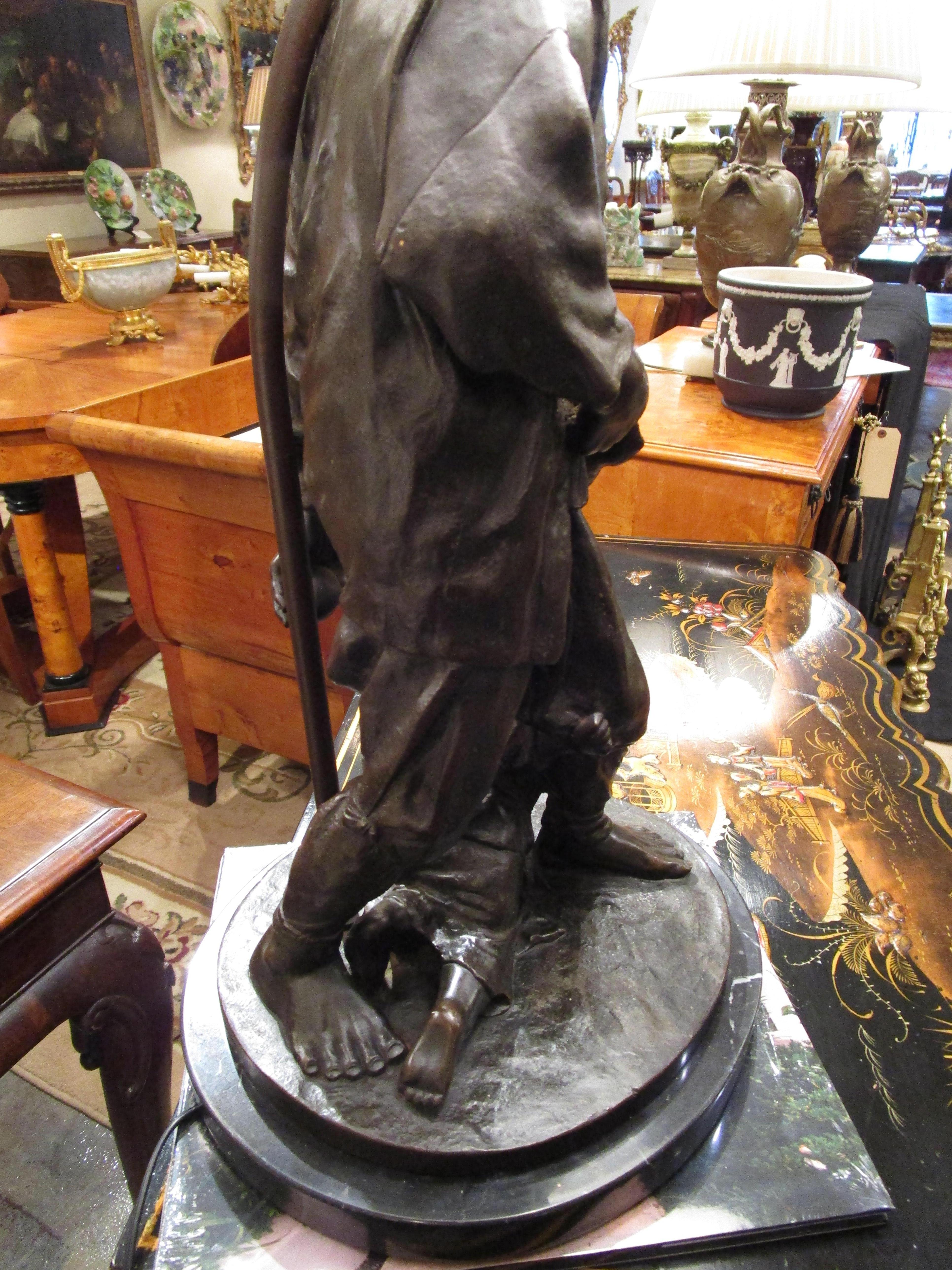 19th C Bronze of a Japanese Man with His Son Made into a Lamp, Marble Base 2