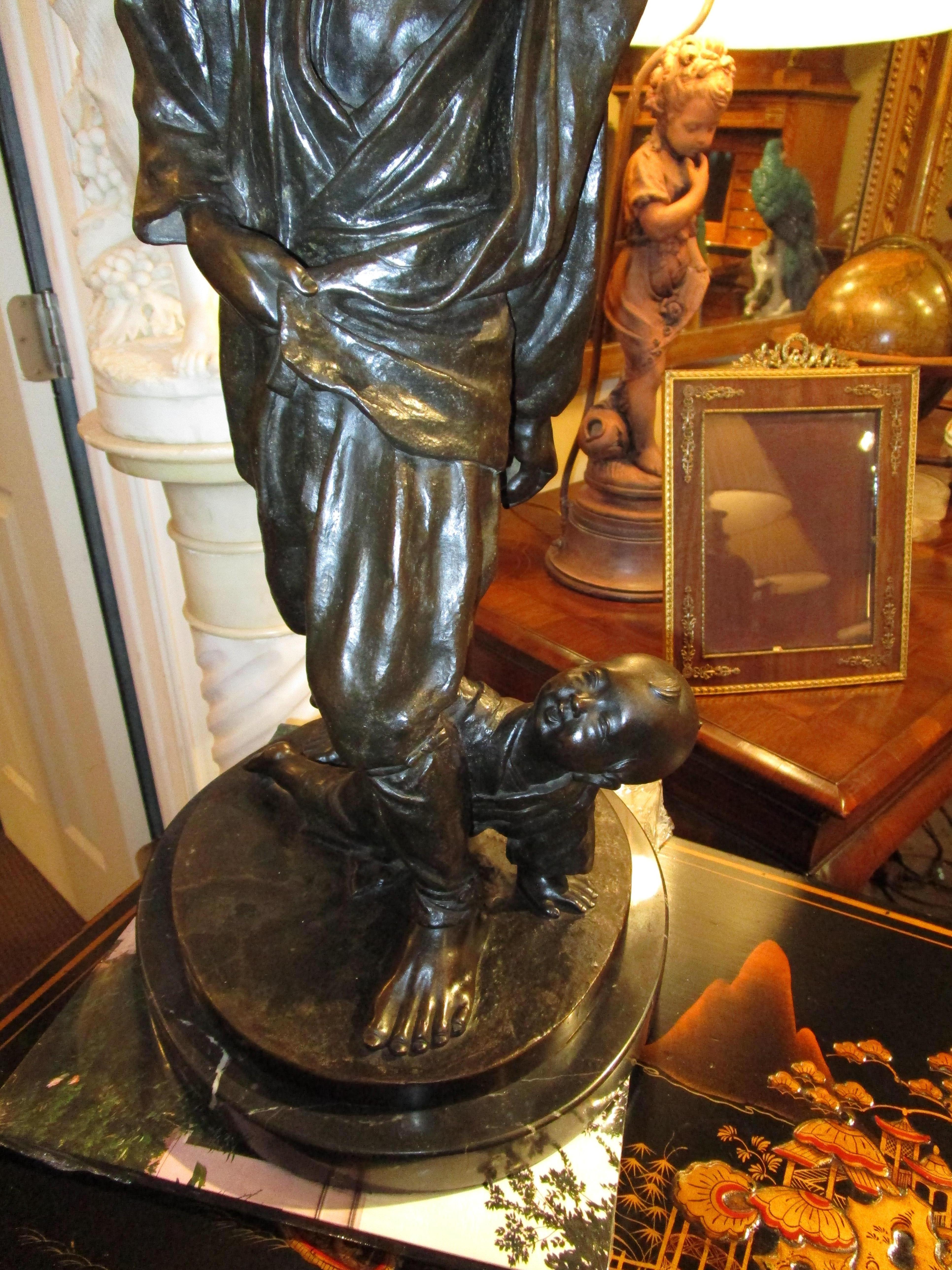 19th C Bronze of a Japanese Man with His Son Made into a Lamp, Marble Base 3