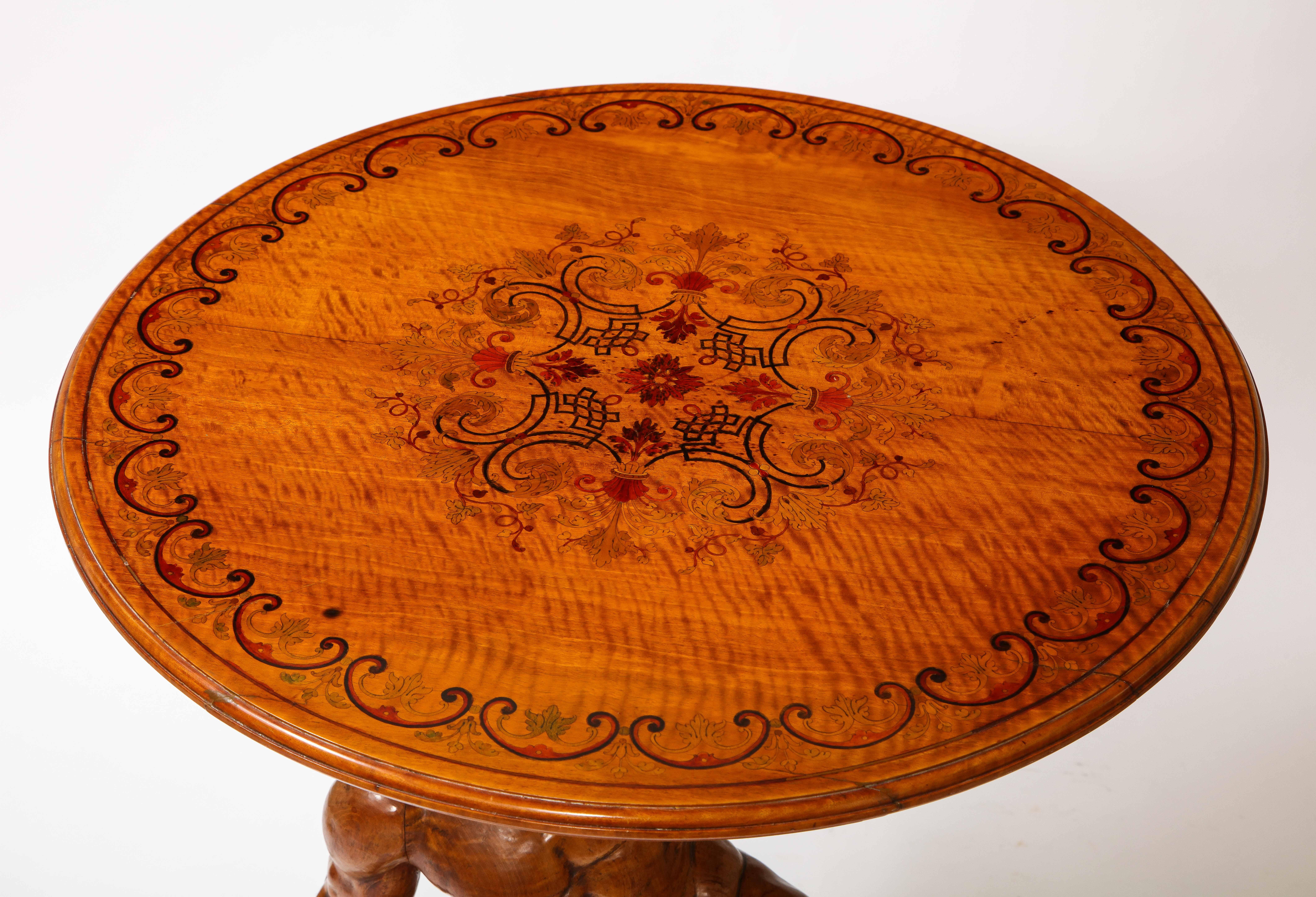 19th C. Carved Wood Marquetry Center Table of Atlas, Signed J. Plucknett & Co. For Sale 11