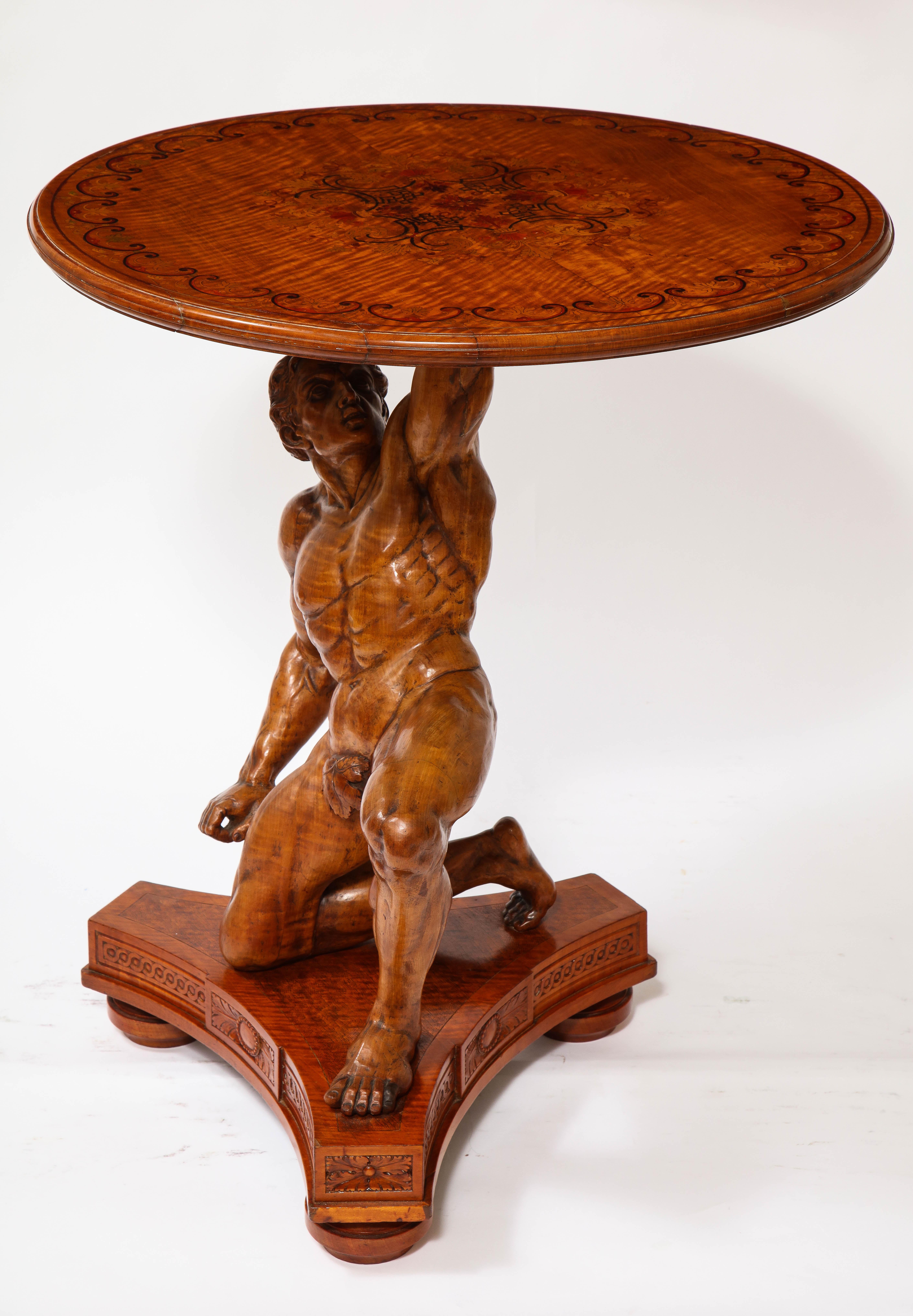 Hollywood Regency 19th C. Carved Wood Marquetry Center Table of Atlas, Signed J. Plucknett & Co. For Sale