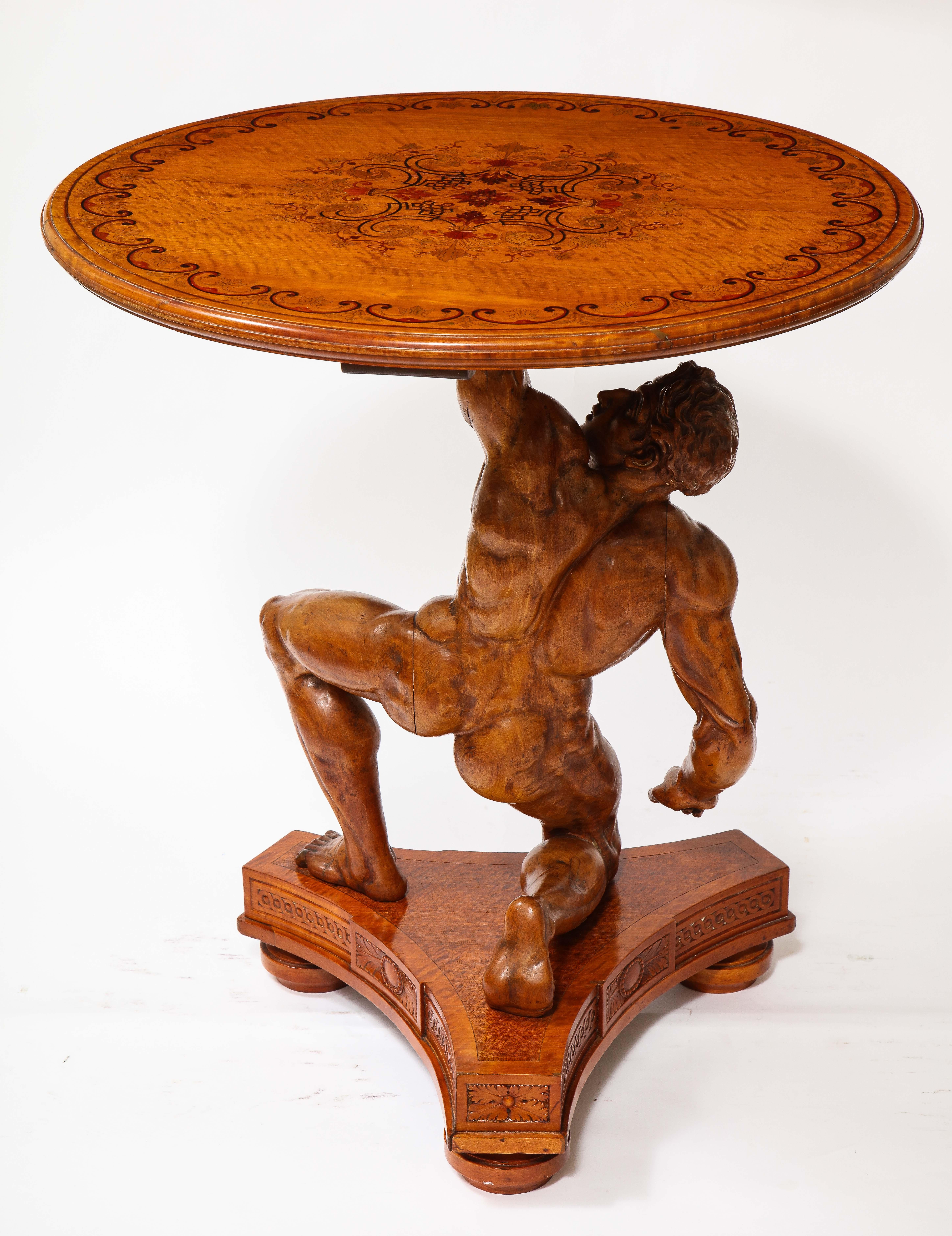 English 19th C. Carved Wood Marquetry Center Table of Atlas, Signed J. Plucknett & Co. For Sale