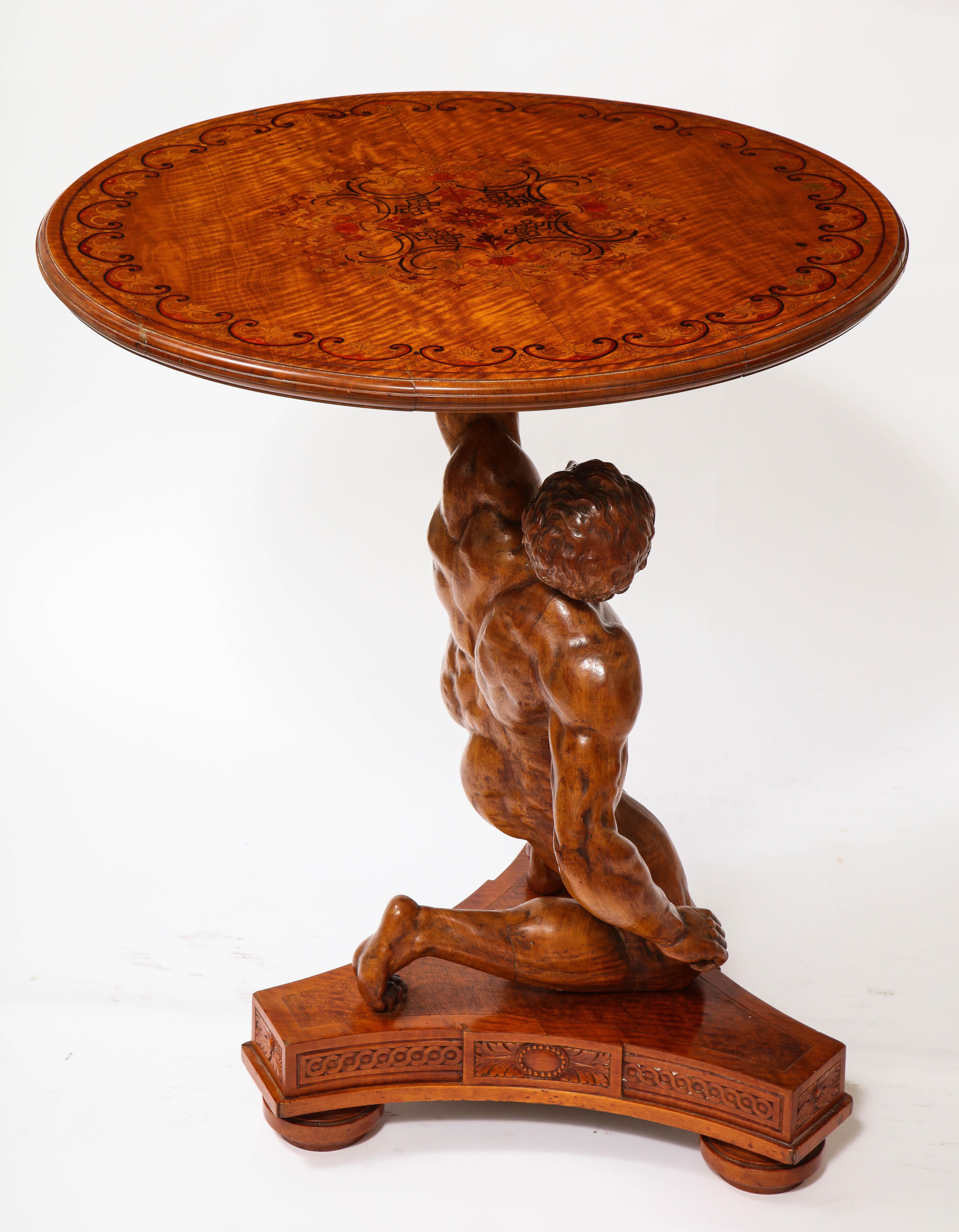 Hand-Carved 19th C. Carved Wood Marquetry Center Table of Atlas, Signed J. Plucknett & Co. For Sale