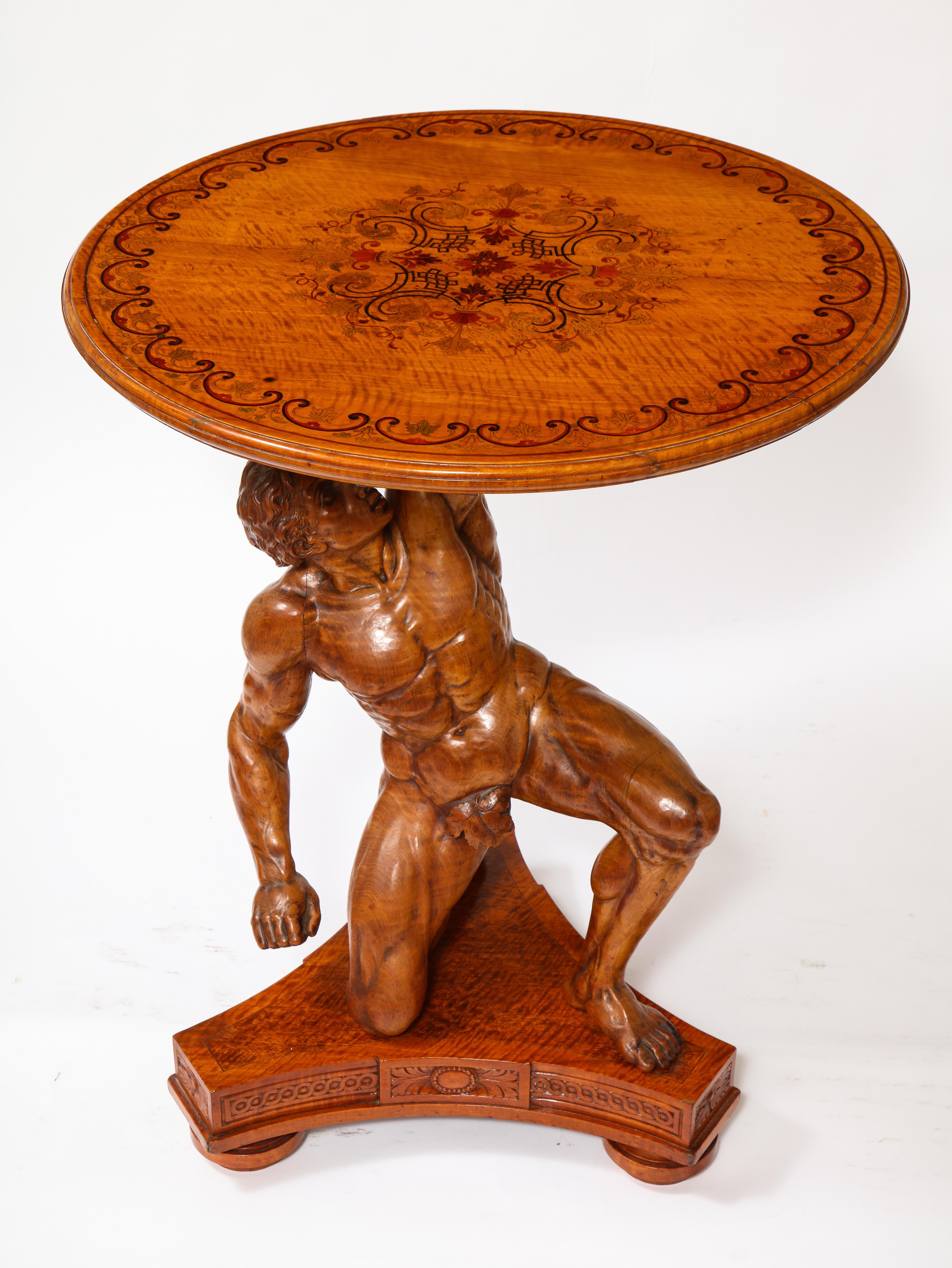 19th C. Carved Wood Marquetry Center Table of Atlas, Signed J. Plucknett & Co. In Good Condition For Sale In New York, NY