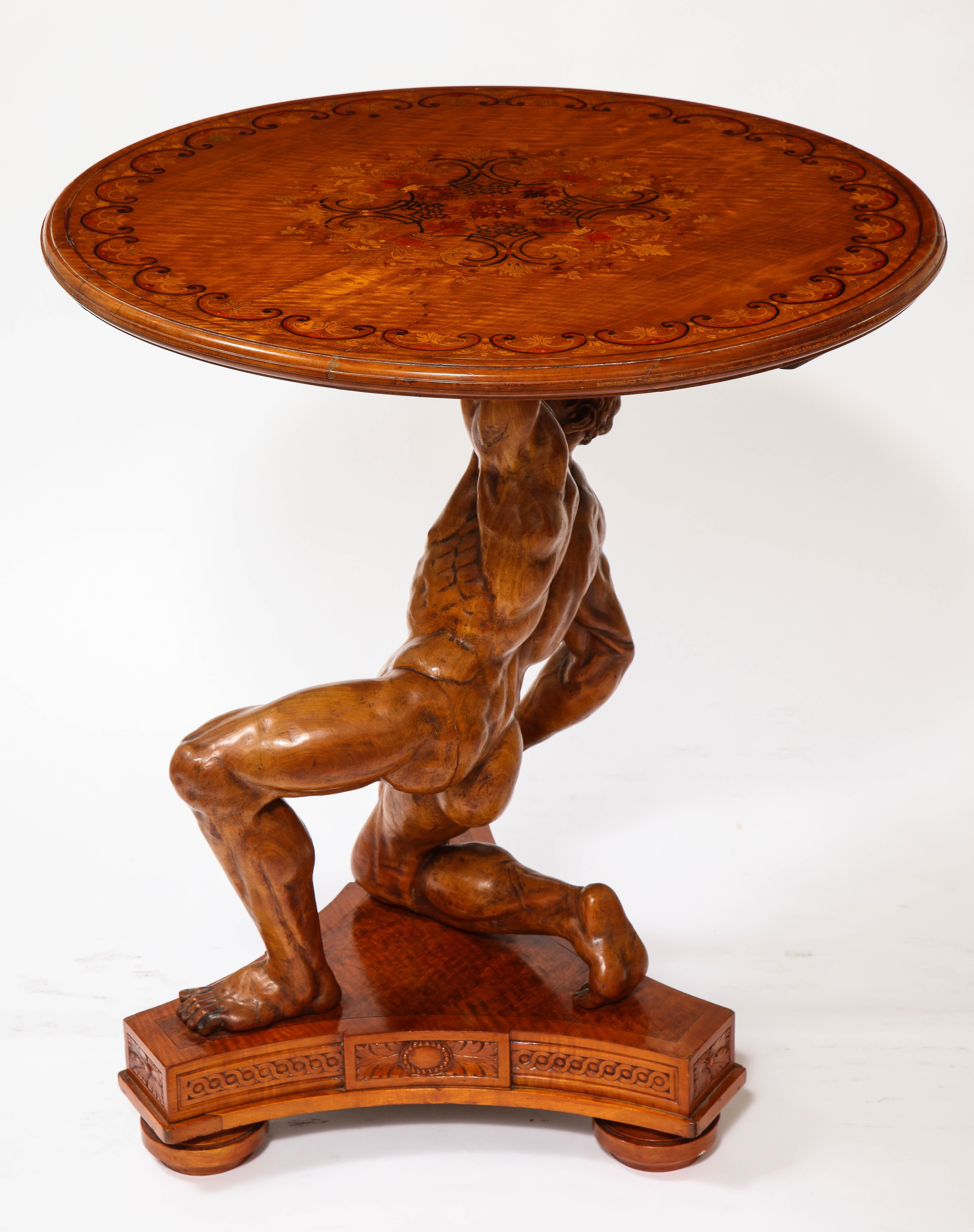Late 19th Century 19th C. Carved Wood Marquetry Center Table of Atlas, Signed J. Plucknett & Co. For Sale