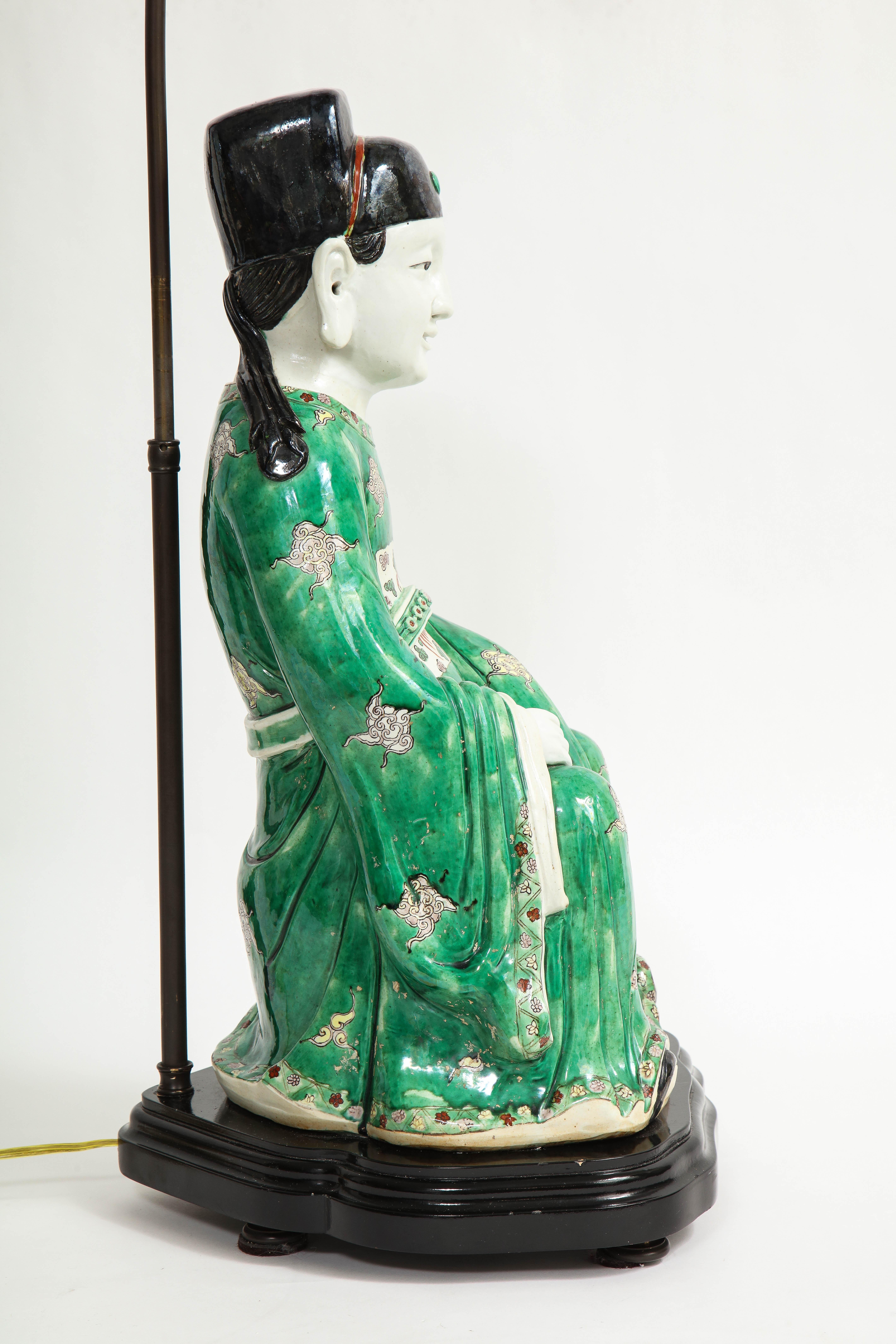 19th C. Chinese Famille Vert Porcelain Figure of a Seated Scholar as a Lamp For Sale 4
