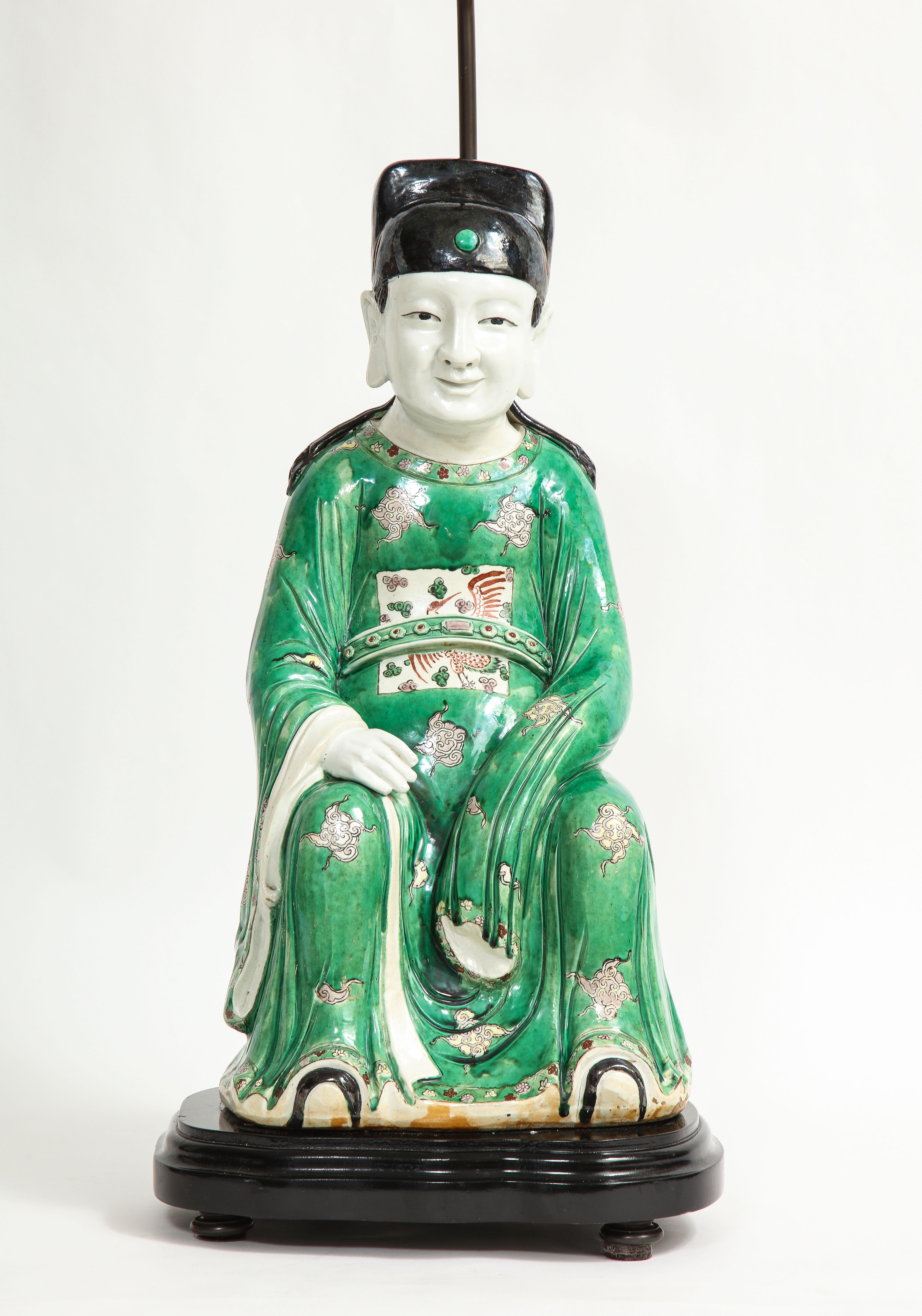 Hand-Painted 19th C. Chinese Famille Vert Porcelain Figure of a Seated Scholar as a Lamp For Sale
