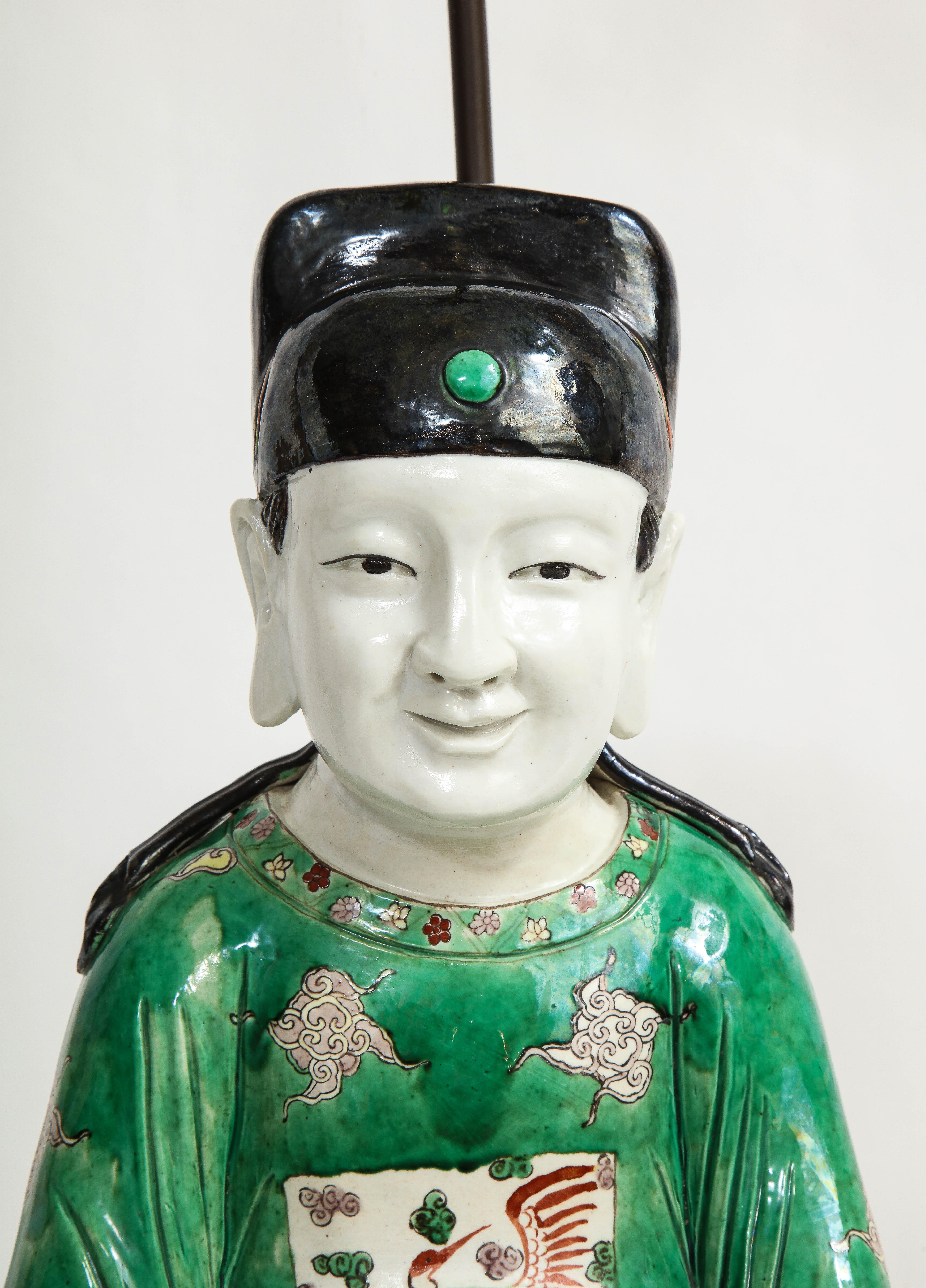 19th Century 19th C. Chinese Famille Vert Porcelain Figure of a Seated Scholar as a Lamp For Sale