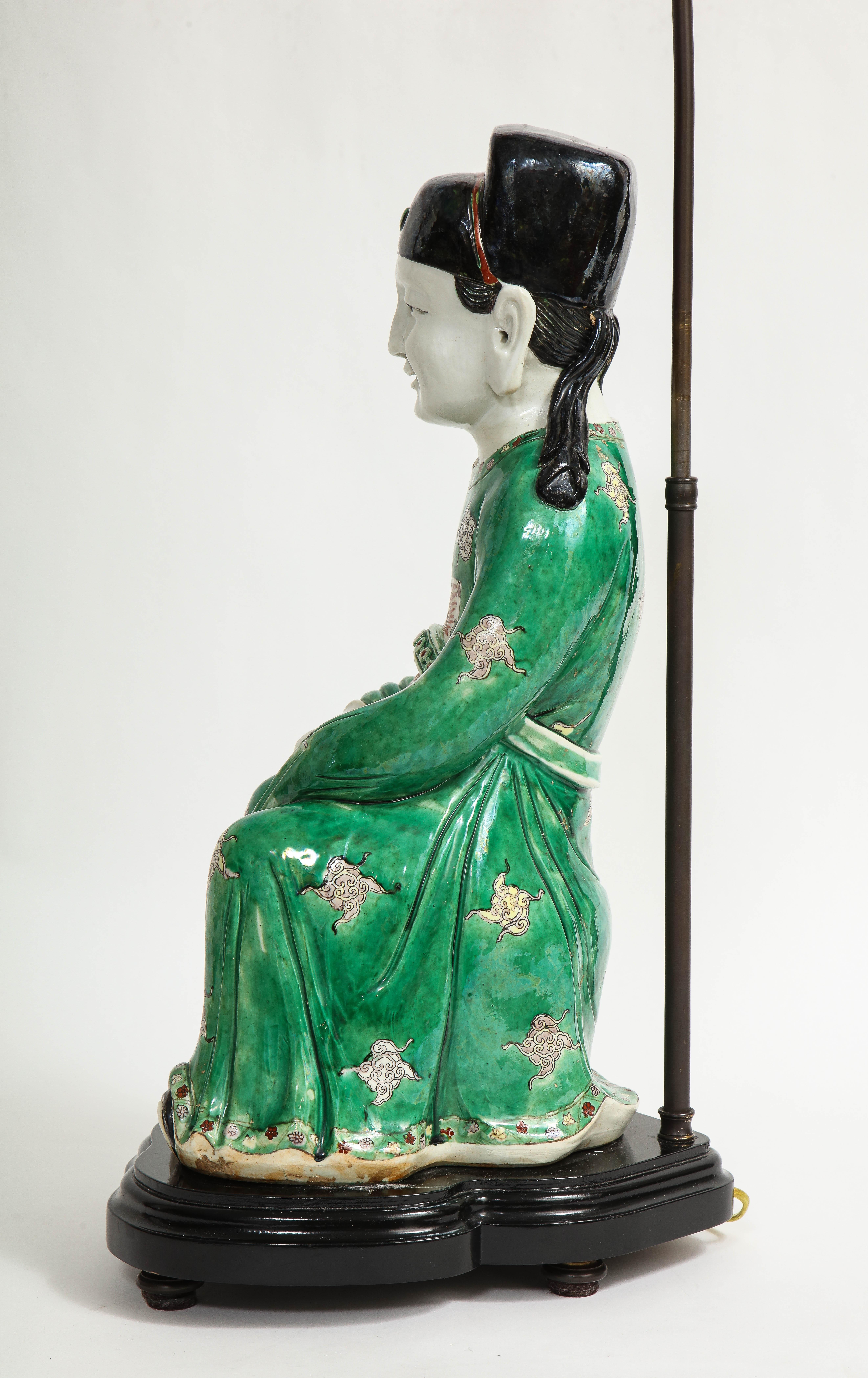 19th C. Chinese Famille Vert Porcelain Figure of a Seated Scholar as a Lamp For Sale 2