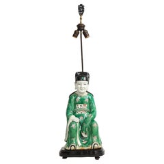 19th C. Chinese Famille Vert Porcelain Figure of a Seated Scholar as a Lamp