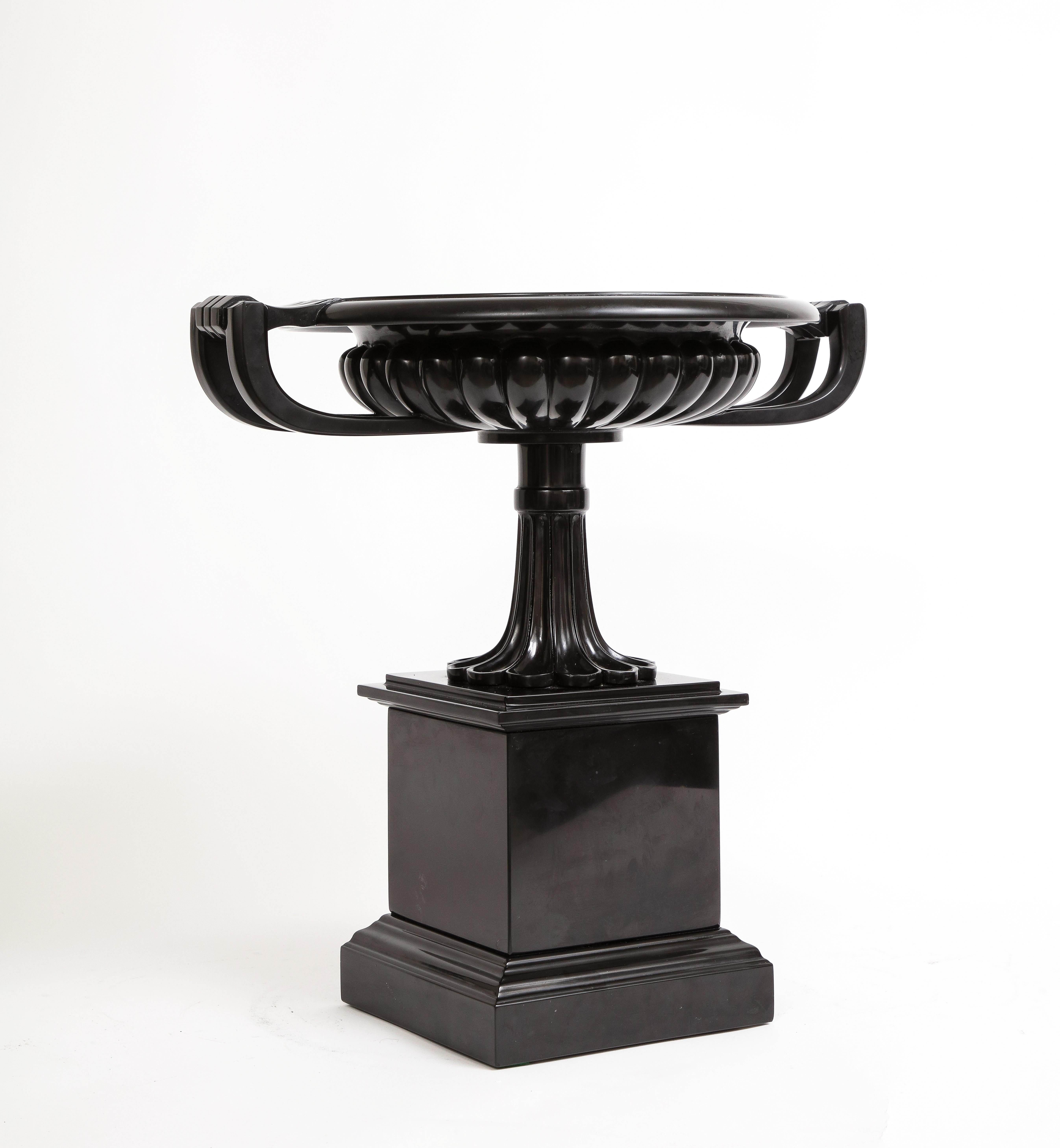 Italian English Grand Tour Black Marble Pedestal 2-Handled Centerpiece/Tazza, 1800s For Sale