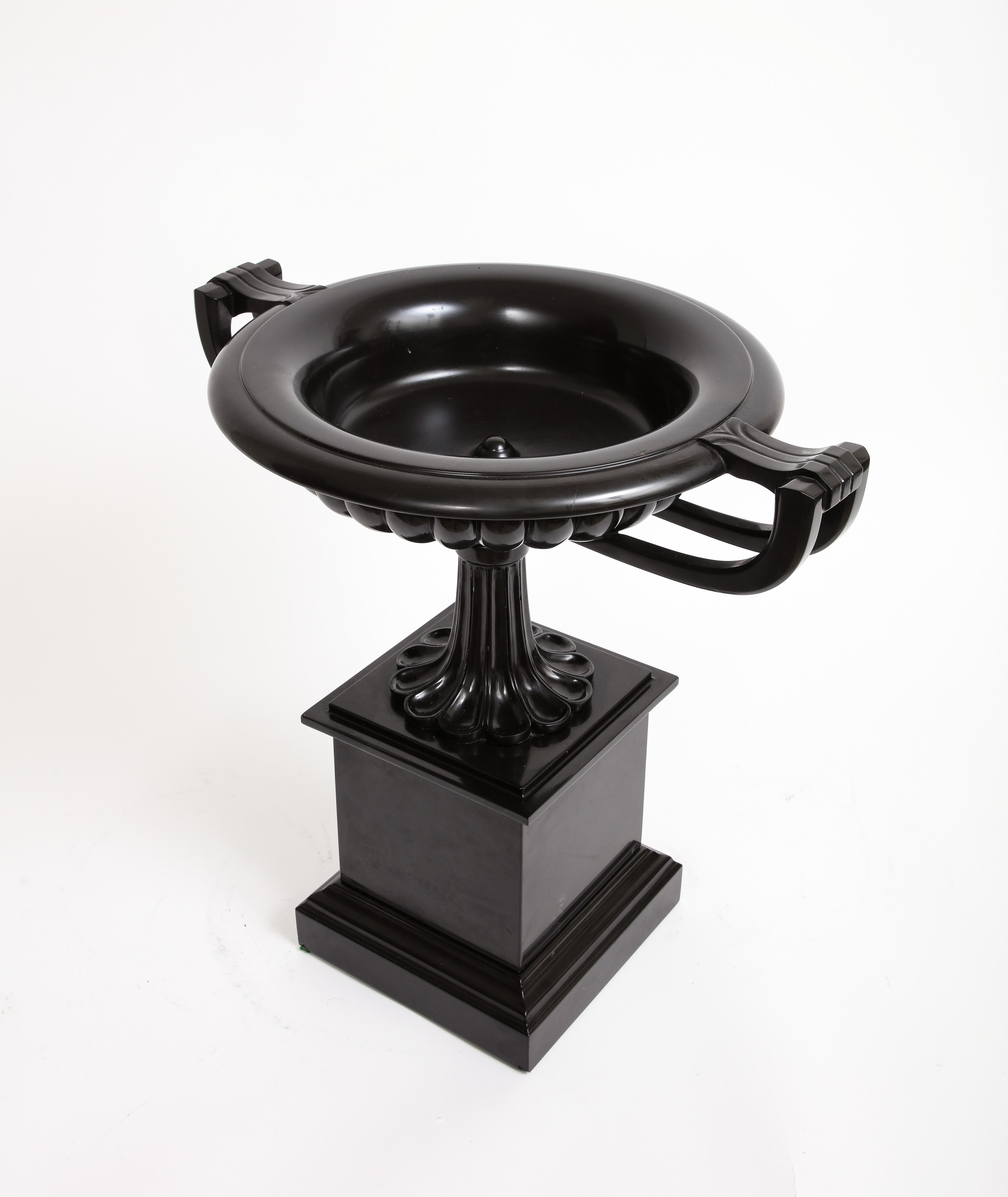 Hand-Carved English Grand Tour Black Marble Pedestal 2-Handled Centerpiece/Tazza, 1800s For Sale